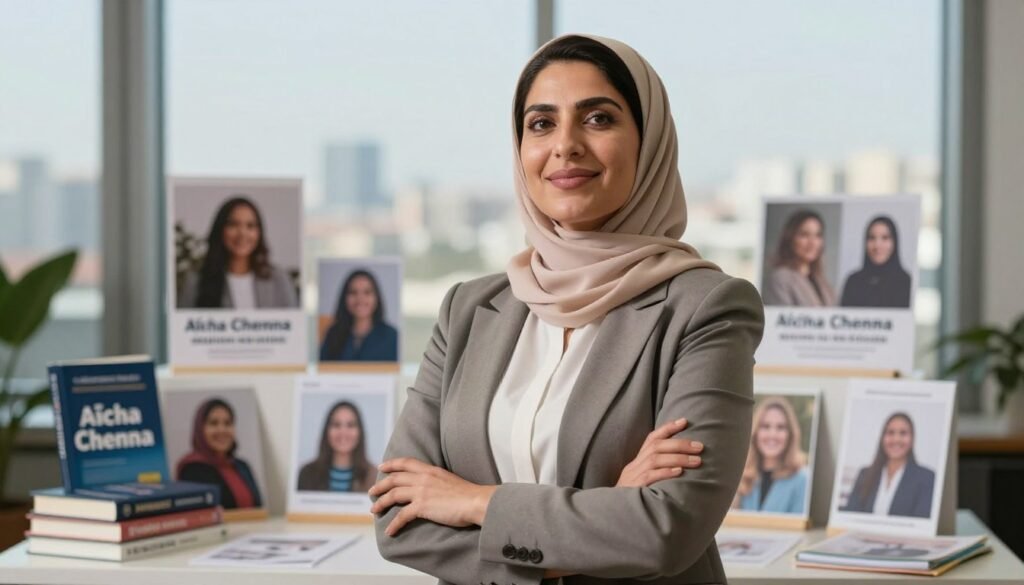 Aïcha Chenna, a dignified woman of Moroccan heritage, stands confidently in a professional setting. In the foreground, she is dressed in elegant business attire, showcasing her strength and compassion. Her expression exudes both determination and warmth, reflecting her lifelong dedication to social work and women's rights. The middle ground features elements that symbolize her journey, such as books, community outreach materials, and photographs of women she has empowered. The background includes soft, natural lighting that conveys a sense of hope and inspiration, with a blurred cityscape to represent the communities she serves. Capture this empowering moment with a slight upward angle, enhancing her stature and the aura of leadership, while maintaining a serene and uplifting atmosphere. Aïcha Chenna, a dignified woman of Moroccan heritage, stands confidently in a professional setting. In the foreground, she is dressed in elegant business attire, showcasing her strength and compassion. Her expression exudes both determination and warmth, reflecting her lifelong dedication to social work and women's rights. The middle ground features elements that symbolize her journey, such as books, community outreach materials, and photographs of women she has empowered. The background includes soft, natural lighting that conveys a sense of hope and inspiration, with a blurred cityscape to represent the communities she serves. Capture this empowering moment with a slight upward angle, enhancing her stature and the aura of leadership, while maintaining a serene and uplifting atmosphere.