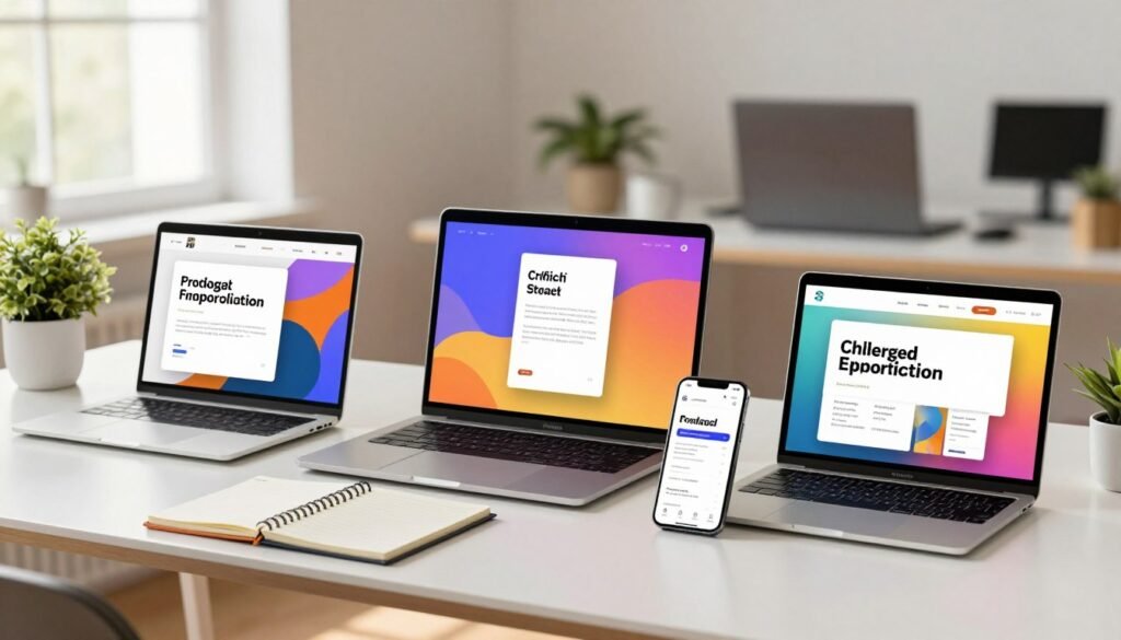 An elegant workspace featuring a variety of professional mockups displayed prominently on sleek, modern devices such as laptops, tablets, and smartphones. In the foreground, a well-organized desk with a stylish notepad and a plant adds a touch of nature. The middle ground showcases the mockups designed for different creative projects, with vibrant colors and realistic textures that catch the eye. The background reveals a soft-focus minimalist office setting with natural light streaming through large windows, creating a warm and inviting atmosphere. Use a slightly elevated angle to emphasize the mockups while ensuring the overall composition conveys professionalism and creativity. The lighting should be bright yet soft, highlighting the details of the mockups without harsh shadows. An elegant workspace featuring a variety of professional mockups displayed prominently on sleek, modern devices such as laptops, tablets, and smartphones. In the foreground, a well-organized desk with a stylish notepad and a plant adds a touch of nature. The middle ground showcases the mockups designed for different creative projects, with vibrant colors and realistic textures that catch the eye. The background reveals a soft-focus minimalist office setting with natural light streaming through large windows, creating a warm and inviting atmosphere. Use a slightly elevated angle to emphasize the mockups while ensuring the overall composition conveys professionalism and creativity. The lighting should be bright yet soft, highlighting the details of the mockups without harsh shadows.