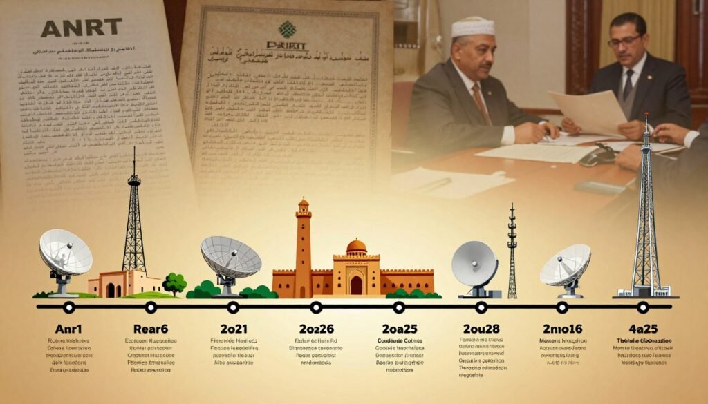 An illustrated timeline showcasing the historical development of Morocco's Telecom Regulatory Authority, ANRT. In the foreground, a stylized timeline featuring key milestones, dates, and symbolic imagery related to telecommunications regulation. The middle layer includes iconic Moroccan landmarks and telecommunications infrastructure such as satellites, antennas, and communication towers. In the background, soft-focus images of historical documents and regulatory meetings convey a sense of progression over time. The lighting is warm and inviting, highlighting the evolution of technology. The atmosphere feels professional and insightful, encouraging viewers to reflect on the importance of telecommunications regulation in Morocco's development. The image should be vibrant, detailed, and devoid of any text or branding elements. An illustrated timeline showcasing the historical development of Morocco's Telecom Regulatory Authority, ANRT. In the foreground, a stylized timeline featuring key milestones, dates, and symbolic imagery related to telecommunications regulation. The middle layer includes iconic Moroccan landmarks and telecommunications infrastructure such as satellites, antennas, and communication towers. In the background, soft-focus images of historical documents and regulatory meetings convey a sense of progression over time. The lighting is warm and inviting, highlighting the evolution of technology. The atmosphere feels professional and insightful, encouraging viewers to reflect on the importance of telecommunications regulation in Morocco's development. The image should be vibrant, detailed, and devoid of any text or branding elements.