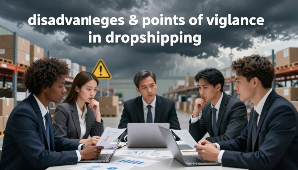 An illustration focusing on the theme of "disadvantages and points of vigilance in dropshipping," featuring a detailed composition. In the foreground, a diverse group of three professionals in business attire, engaged in a serious discussion around a table littered with documents and laptops, displaying charts and graphs that signify market challenges and caution areas. In the middle ground, an abstract representation of a warehouse and shipping boxes, embodying the logistics of dropshipping, while a stylized warning symbol subtly appears amidst the elements. The background features dark clouds and a stormy sky, symbolizing the potential pitfalls and obstacles. The scene is well-lit with a dramatic contrast, accentuating the mood of caution and critical thinking. The angle of the shot is slightly above eye level, providing a comprehensive view of the discussion while maintaining focus on the professionals. An illustration focusing on the theme of "disadvantages and points of vigilance in dropshipping," featuring a detailed composition. In the foreground, a diverse group of three professionals in business attire, engaged in a serious discussion around a table littered with documents and laptops, displaying charts and graphs that signify market challenges and caution areas. In the middle ground, an abstract representation of a warehouse and shipping boxes, embodying the logistics of dropshipping, while a stylized warning symbol subtly appears amidst the elements. The background features dark clouds and a stormy sky, symbolizing the potential pitfalls and obstacles. The scene is well-lit with a dramatic contrast, accentuating the mood of caution and critical thinking. The angle of the shot is slightly above eye level, providing a comprehensive view of the discussion while maintaining focus on the professionals.