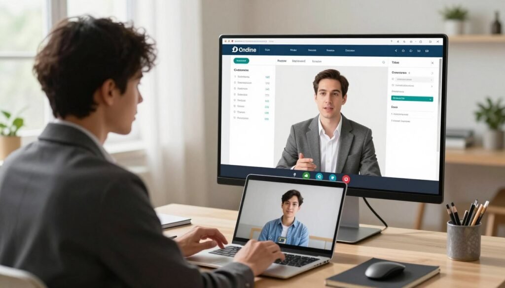 An online tutor evaluation scene, highlighting the quality of teachers and pedagogical effectiveness on a digital platform. In the foreground, a professional-looking person, dressed in smart business attire, is sitting at a desk with a laptop, engaged in a video call with a student, both focused and actively interacting. In the middle, a large digital screen displays performance metrics and feedback forms, suggesting thorough assessment processes. The background features elements of a modern, well-lit home office, with soft natural lighting streaming through a window, creating an inviting atmosphere. The overall mood is one of professionalism and dedication to teaching, emphasizing the importance of quality in online education. Use a soft focus lens effect to enhance the warm, engaging vibe. An online tutor evaluation scene, highlighting the quality of teachers and pedagogical effectiveness on a digital platform. In the foreground, a professional-looking person, dressed in smart business attire, is sitting at a desk with a laptop, engaged in a video call with a student, both focused and actively interacting. In the middle, a large digital screen displays performance metrics and feedback forms, suggesting thorough assessment processes. The background features elements of a modern, well-lit home office, with soft natural lighting streaming through a window, creating an inviting atmosphere. The overall mood is one of professionalism and dedication to teaching, emphasizing the importance of quality in online education. Use a soft focus lens effect to enhance the warm, engaging vibe.
