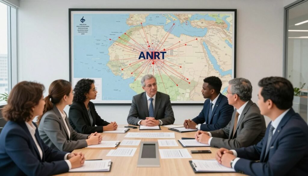 Create an image that encapsulates the historical creation of the ANRT, Morocco's telecommunications regulatory authority. In the foreground, depict a diverse group of professionals in business attire, such as men and women of various ethnic backgrounds, engaged in a meeting around a large table filled with documentation and plans. In the middle ground, include a large map of Morocco highlighting telecommunications networks and key cities, symbolizing the authority's scope. The background should feature a modern office environment with windows showing a city skyline, symbolizing progress and innovation. Use soft yet bright lighting to create a professional atmosphere, with a balanced composition using a slightly elevated angle for a clear overview. Capture a mood of collaboration and determination, reflecting the establishment of a vital regulatory body. Create an image that encapsulates the historical creation of the ANRT, Morocco's telecommunications regulatory authority. In the foreground, depict a diverse group of professionals in business attire, such as men and women of various ethnic backgrounds, engaged in a meeting around a large table filled with documentation and plans. In the middle ground, include a large map of Morocco highlighting telecommunications networks and key cities, symbolizing the authority's scope. The background should feature a modern office environment with windows showing a city skyline, symbolizing progress and innovation. Use soft yet bright lighting to create a professional atmosphere, with a balanced composition using a slightly elevated angle for a clear overview. Capture a mood of collaboration and determination, reflecting the establishment of a vital regulatory body.