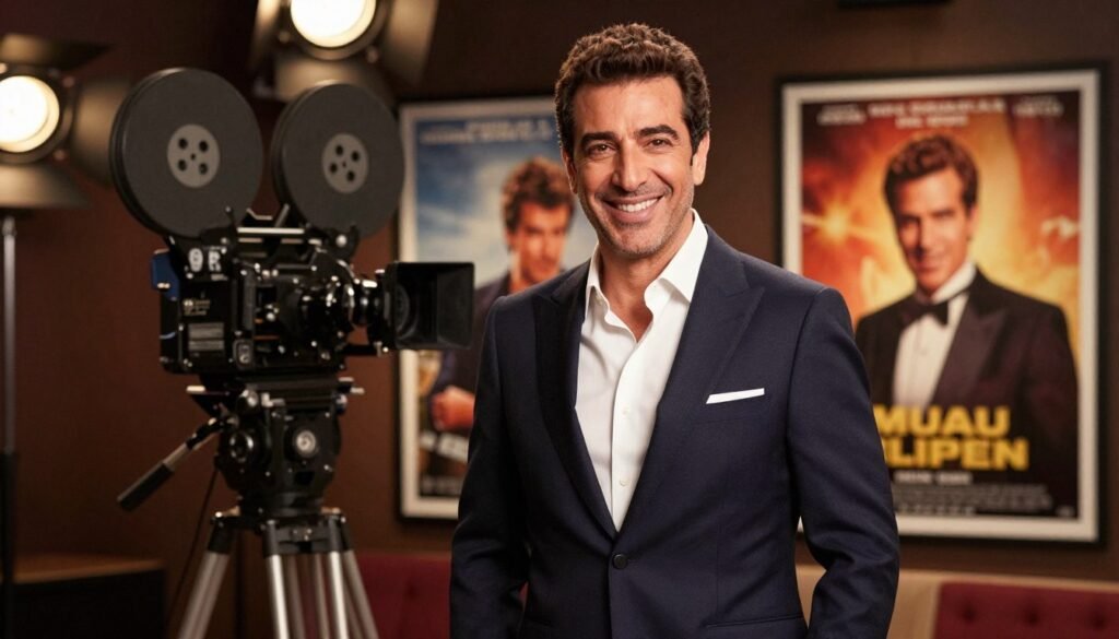 Gad Elmaleh, the famous comedian and actor, is depicted in an elegant film studio setting, showcasing his cinematic career. In the foreground, he stands confidently in a stylish, tailored suit, with a bright smile that reflects his charismatic personality. The middle ground features a classic film camera and movie posters of his notable films, adding context to his career. The background is softly blurred, revealing dim studio lights casting a warm glow, creating an inviting and artistic atmosphere. The image captures the essence of his contributions to cinema, with a focus on joy and creativity. Use soft lighting to enhance the mood, and a slight angle to give depth to the scene, emphasizing Gad's significance in the film industry. Gad Elmaleh, the famous comedian and actor, is depicted in an elegant film studio setting, showcasing his cinematic career. In the foreground, he stands confidently in a stylish, tailored suit, with a bright smile that reflects his charismatic personality. The middle ground features a classic film camera and movie posters of his notable films, adding context to his career. The background is softly blurred, revealing dim studio lights casting a warm glow, creating an inviting and artistic atmosphere. The image captures the essence of his contributions to cinema, with a focus on joy and creativity. Use soft lighting to enhance the mood, and a slight angle to give depth to the scene, emphasizing Gad's significance in the film industry.