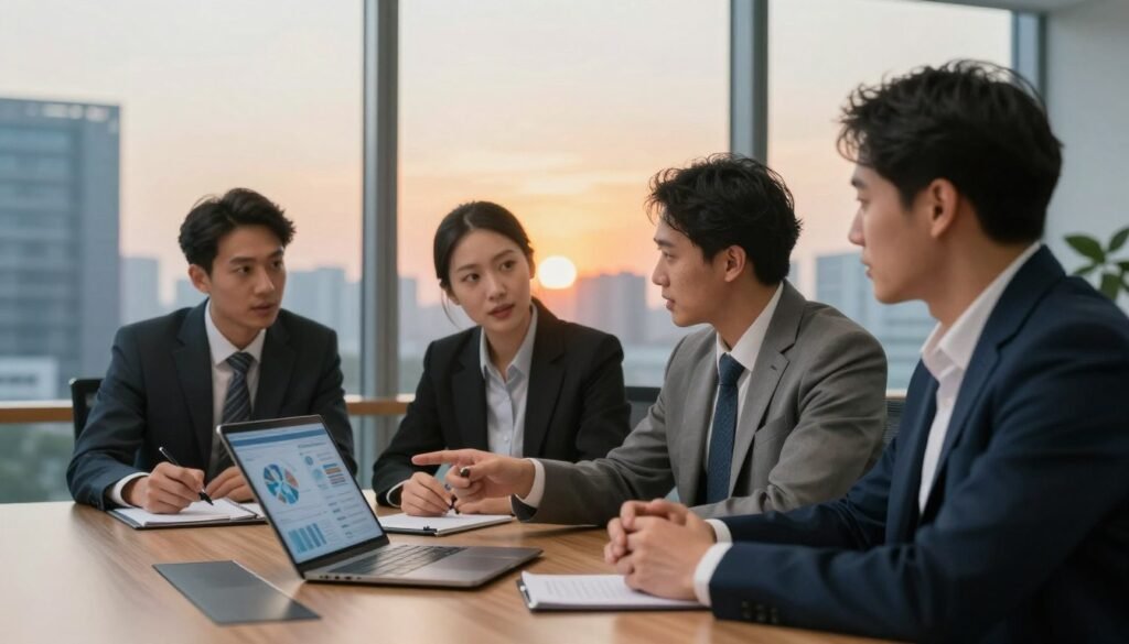 In a modern corporate office environment, a diverse group of three business professionals—two men and one woman—are engaged in a strategic discussion, showcasing expertise and trust. They are dressed in smart business attire, showing confidence and collaboration. The foreground features a sleek wooden conference table with a digital device displaying analytics. In the middle, the professionals are animatedly discussing, with one person pointing at the device, while the others are attentively listening. In the background, large windows reveal a bright, urban skyline bathed in orange hues from a setting sun, creating a warm, inviting atmosphere. The lighting is soft yet bright, highlighting the expressions of determination and reliability on their faces. Use a slight depth of field to focus on the group while maintaining the urban backdrop in soft focus, enhancing the mood of professionalism and innovation. In a modern corporate office environment, a diverse group of three business professionals—two men and one woman—are engaged in a strategic discussion, showcasing expertise and trust. They are dressed in smart business attire, showing confidence and collaboration. The foreground features a sleek wooden conference table with a digital device displaying analytics. In the middle, the professionals are animatedly discussing, with one person pointing at the device, while the others are attentively listening. In the background, large windows reveal a bright, urban skyline bathed in orange hues from a setting sun, creating a warm, inviting atmosphere. The lighting is soft yet bright, highlighting the expressions of determination and reliability on their faces. Use a slight depth of field to focus on the group while maintaining the urban backdrop in soft focus, enhancing the mood of professionalism and innovation.
