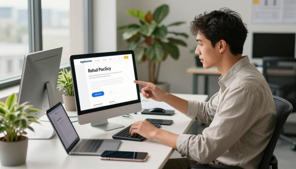 In a modern office environment, a confident business professional, dressed in smart casual attire, is sitting at a sleek desk cluttered with various digital tools like laptops, tablets, and smartphones. They are examining a user-friendly website interface showcasing AppSumo's refund policy, illuminated by soft, natural light streaming in from a window. In the background, vibrant office plants add a touch of life to the scene, while a subtle hint of a city skyline can be seen through the glass. The atmosphere conveys trust and innovation, highlighting a sense of security in digital transactions. The angle should be slightly above eye-level, giving a clear view of both the professional and the technology they are reviewing, with a warm color palette to evoke a positive feeling. In a modern office environment, a confident business professional, dressed in smart casual attire, is sitting at a sleek desk cluttered with various digital tools like laptops, tablets, and smartphones. They are examining a user-friendly website interface showcasing AppSumo's refund policy, illuminated by soft, natural light streaming in from a window. In the background, vibrant office plants add a touch of life to the scene, while a subtle hint of a city skyline can be seen through the glass. The atmosphere conveys trust and innovation, highlighting a sense of security in digital transactions. The angle should be slightly above eye-level, giving a clear view of both the professional and the technology they are reviewing, with a warm color palette to evoke a positive feeling.