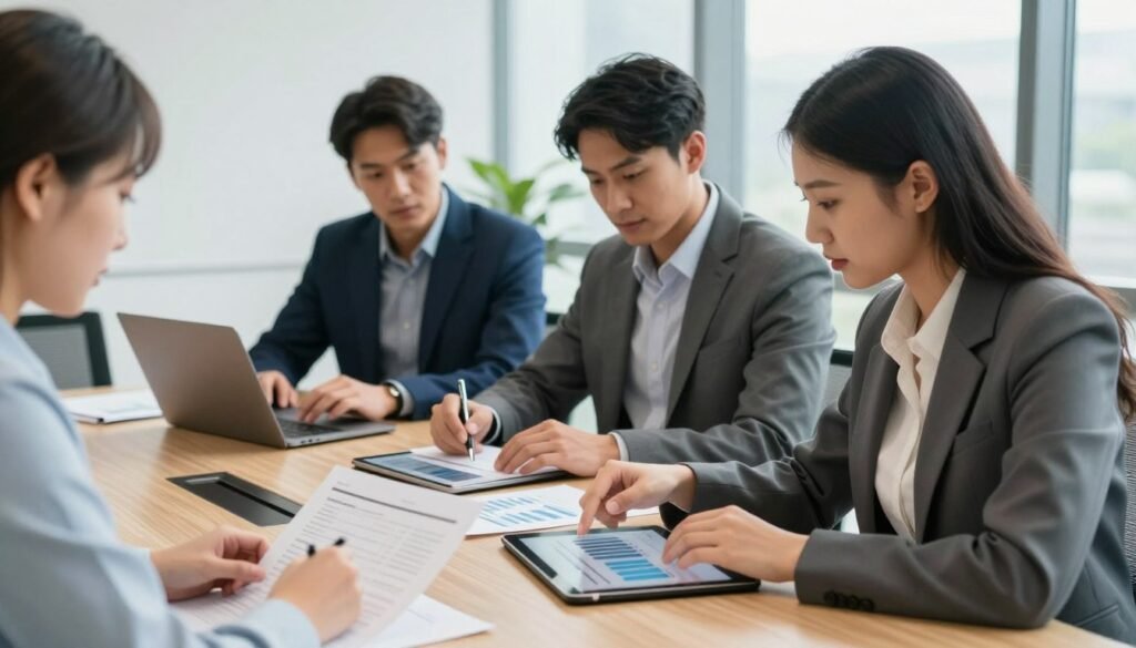 In a modern office environment, a diverse group of three professionals collaborates around a large conference table, reviewing financial documents and business plans on digital tablets. The foreground features a focused woman in professional attire, pointing at a chart while explaining concepts to her colleagues. In the middle, a man in a sharp suit takes notes, while another individual types on a laptop, showcasing the integration of digital solutions in their discussions. The background displays large windows allowing natural light to flood the room, creating a warm and inviting atmosphere. The overall mood is one of determination and collaboration, embodying the essence of professional support in entrepreneurship. The scene is captured in soft-focus with a slight depth of field effect, emphasizing the interaction among the individuals. In a modern office environment, a diverse group of three professionals collaborates around a large conference table, reviewing financial documents and business plans on digital tablets. The foreground features a focused woman in professional attire, pointing at a chart while explaining concepts to her colleagues. In the middle, a man in a sharp suit takes notes, while another individual types on a laptop, showcasing the integration of digital solutions in their discussions. The background displays large windows allowing natural light to flood the room, creating a warm and inviting atmosphere. The overall mood is one of determination and collaboration, embodying the essence of professional support in entrepreneurship. The scene is captured in soft-focus with a slight depth of field effect, emphasizing the interaction among the individuals.