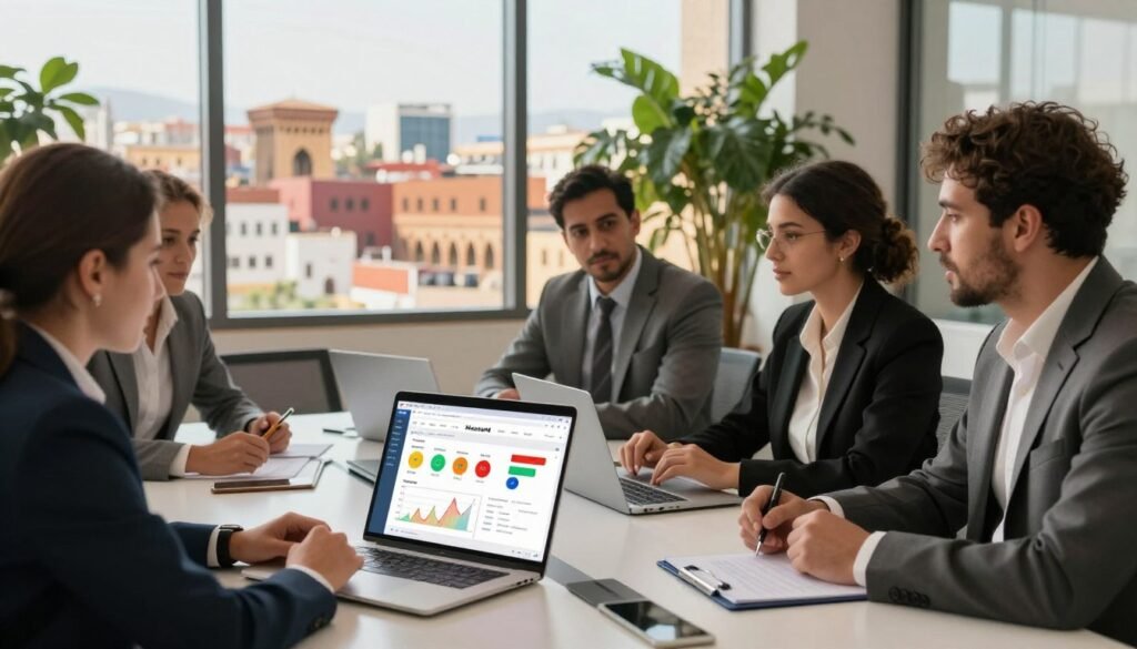 In a professional office setting, a diverse group of individuals in business attire are gathered around a sleek, modern conference table, engaged in a discussion about email marketing strategies tailored for the Moroccan market. The foreground features a laptop open with the Moosend interface displayed, alongside colorful charts and graphs indicating market trends. The middle ground highlights a vibrant Moroccan cityscape visible through large windows, showcasing traditional architecture mixed with modern buildings. The background is filled with lush indoor plants, creating a warm and inviting atmosphere. Soft, natural lighting filters in, casting a professional yet relaxed mood over the scene. The angle of the shot is slightly elevated, focusing on the participants' expressions of concentration and collaboration, embodying innovation in email marketing solutions. In a professional office setting, a diverse group of individuals in business attire are gathered around a sleek, modern conference table, engaged in a discussion about email marketing strategies tailored for the Moroccan market. The foreground features a laptop open with the Moosend interface displayed, alongside colorful charts and graphs indicating market trends. The middle ground highlights a vibrant Moroccan cityscape visible through large windows, showcasing traditional architecture mixed with modern buildings. The background is filled with lush indoor plants, creating a warm and inviting atmosphere. Soft, natural lighting filters in, casting a professional yet relaxed mood over the scene. The angle of the shot is slightly elevated, focusing on the participants' expressions of concentration and collaboration, embodying innovation in email marketing solutions.
