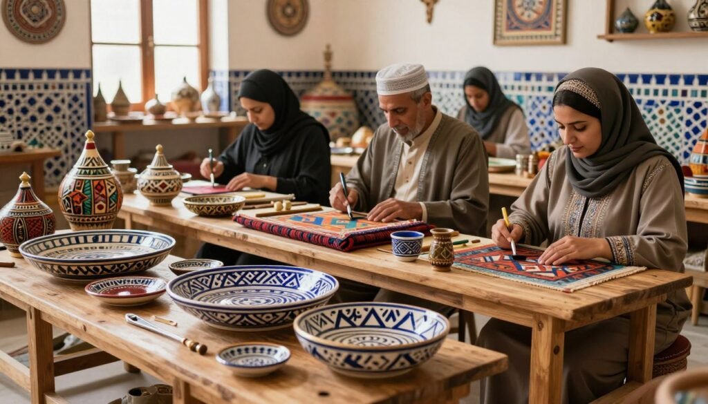 Modern Moroccan design creations in a vibrant artisan workshop, showcasing a harmonious blend of traditional craftsmanship and contemporary innovation. In the foreground, beautifully crafted home décor items featuring intricate geometric patterns and rich textiles are displayed on artisan-crafted wooden tables. The middle layer captures artisans—dressed in modest, professional attire—actively engaged in their creative processes, using traditional tools alongside modern techniques. In the background, colorful Moroccan tiles and natural light streaming through large windows create an inviting atmosphere filled with a sense of cultural heritage and artistic expression. The lighting is warm and soft, enhancing the textures and colors of the designs, while a shallow depth of field focuses on the artisans' hands and creations, evoking a mood of inspiration and creativity. Modern Moroccan design creations in a vibrant artisan workshop, showcasing a harmonious blend of traditional craftsmanship and contemporary innovation. In the foreground, beautifully crafted home décor items featuring intricate geometric patterns and rich textiles are displayed on artisan-crafted wooden tables. The middle layer captures artisans—dressed in modest, professional attire—actively engaged in their creative processes, using traditional tools alongside modern techniques. In the background, colorful Moroccan tiles and natural light streaming through large windows create an inviting atmosphere filled with a sense of cultural heritage and artistic expression. The lighting is warm and soft, enhancing the textures and colors of the designs, while a shallow depth of field focuses on the artisans' hands and creations, evoking a mood of inspiration and creativity.