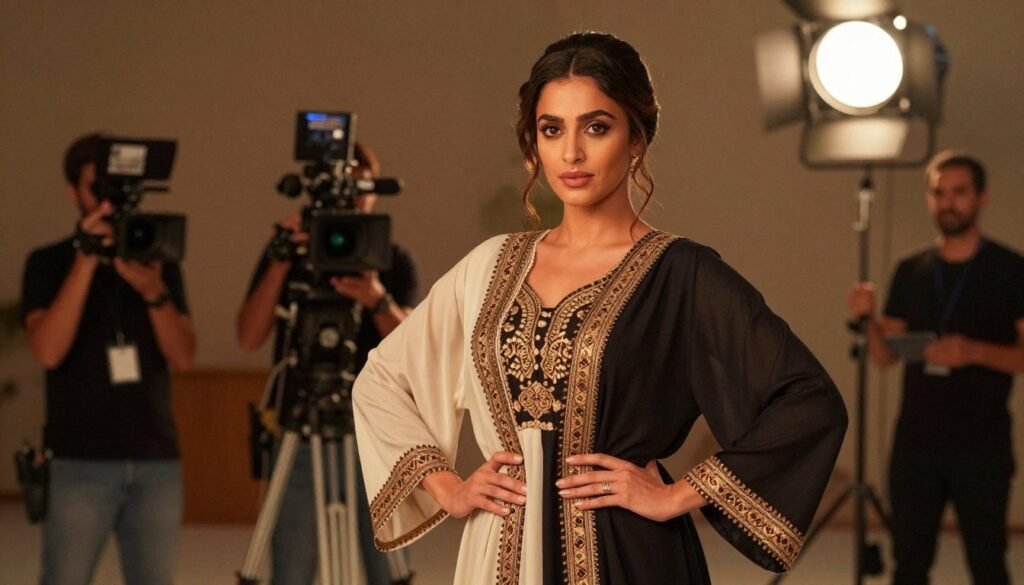 Nora Fatehi, a captivating Moroccan actress and dancer, in a professional setting showcasing her early cinematic debut. In the foreground, she stands confidently, wearing a stylish yet modest outfit that reflects her artistic flair. Her hair is elegantly styled, and she exudes a glow of ambition and creativity. The middle ground features a film set with cameras and crew members, capturing the essence of her beginnings in the film industry. The background is softly lit, with studio lights casting a warm glow, creating an inviting atmosphere. Shot from a slightly low angle to emphasize her stature and presence, the scene encapsulates the passion and determination in her journey, highlighting her artistic roots and the spark of her budding career. Nora Fatehi, a captivating Moroccan actress and dancer, in a professional setting showcasing her early cinematic debut. In the foreground, she stands confidently, wearing a stylish yet modest outfit that reflects her artistic flair. Her hair is elegantly styled, and she exudes a glow of ambition and creativity. The middle ground features a film set with cameras and crew members, capturing the essence of her beginnings in the film industry. The background is softly lit, with studio lights casting a warm glow, creating an inviting atmosphere. Shot from a slightly low angle to emphasize her stature and presence, the scene encapsulates the passion and determination in her journey, highlighting her artistic roots and the spark of her budding career.