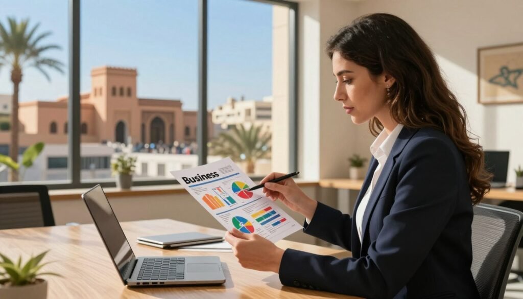 A Moroccan business environment showcasing a detailed business plan presentation. In the foreground, a professional woman in smart business attire is reviewing a colorful business strategy document with charts and graphs. The middle ground features a modern office setting with a wooden table, laptops, and a large window revealing a view of a bustling cityscape. In the background, the iconic silhouettes of Moroccan architecture blend with palm trees under a bright blue sky. The lighting is warm and inviting, enhancing productivity and creativity, with soft shadows falling across the room. The atmosphere conveys focus, innovation, and the entrepreneurial spirit of Morocco. A Moroccan business environment showcasing a detailed business plan presentation. In the foreground, a professional woman in smart business attire is reviewing a colorful business strategy document with charts and graphs. The middle ground features a modern office setting with a wooden table, laptops, and a large window revealing a view of a bustling cityscape. In the background, the iconic silhouettes of Moroccan architecture blend with palm trees under a bright blue sky. The lighting is warm and inviting, enhancing productivity and creativity, with soft shadows falling across the room. The atmosphere conveys focus, innovation, and the entrepreneurial spirit of Morocco.