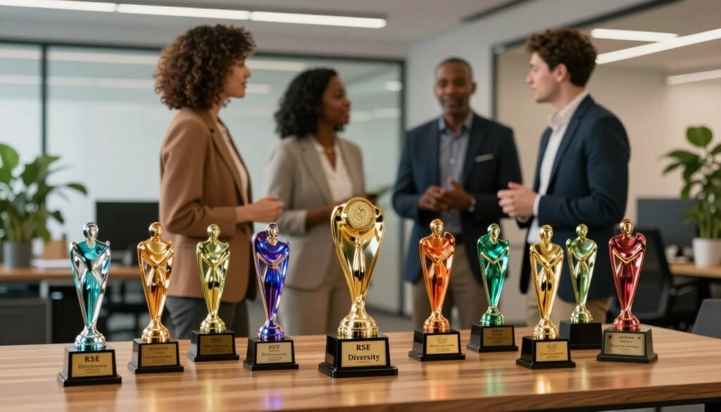 A beautifully arranged display of diversity awards, labeled "RSE Diversity" prominently, set on an elegant wooden table in a modern office. In the foreground, the shimmering trophies reflect light, showcasing their intricate designs and vibrant colors, symbolizing achievement in corporate responsibility. In the middle, a diverse group of three professionals—two women and one man—dressed in smart business attire, stand proudly beside the trophies, engaging in a discussion. The background features a soft-focus view of an office space decorated with green plants, highlighting a commitment to sustainability and inclusivity. The overall lighting is warm and inviting, casting a sense of accomplishment, unity, and professionalism throughout the scene. A beautifully arranged display of diversity awards, labeled "RSE Diversity" prominently, set on an elegant wooden table in a modern office. In the foreground, the shimmering trophies reflect light, showcasing their intricate designs and vibrant colors, symbolizing achievement in corporate responsibility. In the middle, a diverse group of three professionals—two women and one man—dressed in smart business attire, stand proudly beside the trophies, engaging in a discussion. The background features a soft-focus view of an office space decorated with green plants, highlighting a commitment to sustainability and inclusivity. The overall lighting is warm and inviting, casting a sense of accomplishment, unity, and professionalism throughout the scene.
