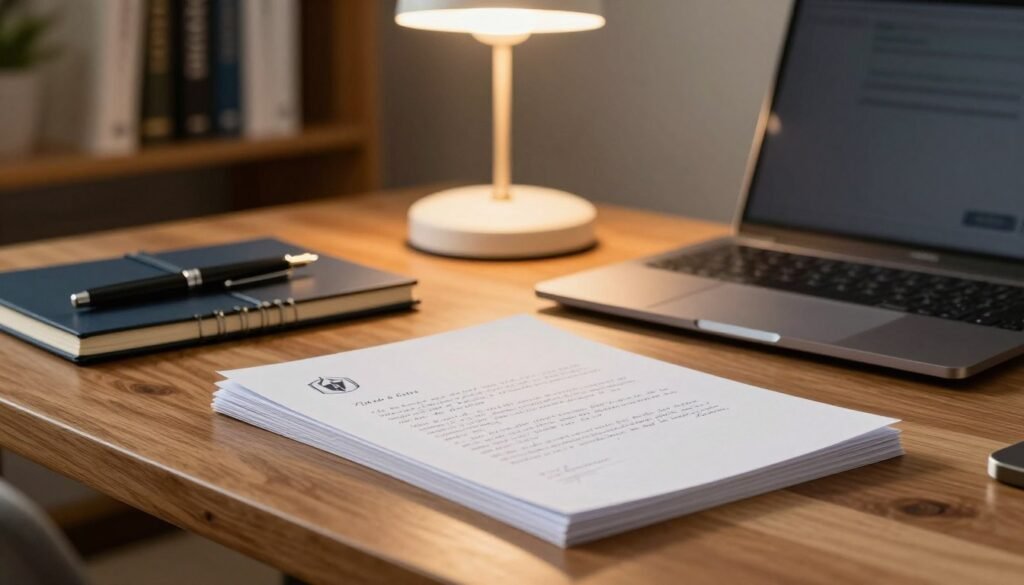 A beautifully arranged workspace scene captures the essence of a professional letter's closing. In the foreground, an elegant wooden desk holds a neatly stacked pile of papers, showcasing handwritten examples of polite closing phrases in penmanship. A sleek, closed laptop with a professional logo resides beside a stylish notebook and a high-quality fountain pen, hinting at the art of motivation letters. In the middle, a softly glowing desk lamp illuminates the scene, casting warm lighting that enhances the inviting, focused atmosphere. The background features a blurred bookshelf filled with business and career development books, creating a sense of depth. Overall, the mood is serene and encouraging, emphasizing professionalism and attention to detail in communication. A beautifully arranged workspace scene captures the essence of a professional letter's closing. In the foreground, an elegant wooden desk holds a neatly stacked pile of papers, showcasing handwritten examples of polite closing phrases in penmanship. A sleek, closed laptop with a professional logo resides beside a stylish notebook and a high-quality fountain pen, hinting at the art of motivation letters. In the middle, a softly glowing desk lamp illuminates the scene, casting warm lighting that enhances the inviting, focused atmosphere. The background features a blurred bookshelf filled with business and career development books, creating a sense of depth. Overall, the mood is serene and encouraging, emphasizing professionalism and attention to detail in communication.
