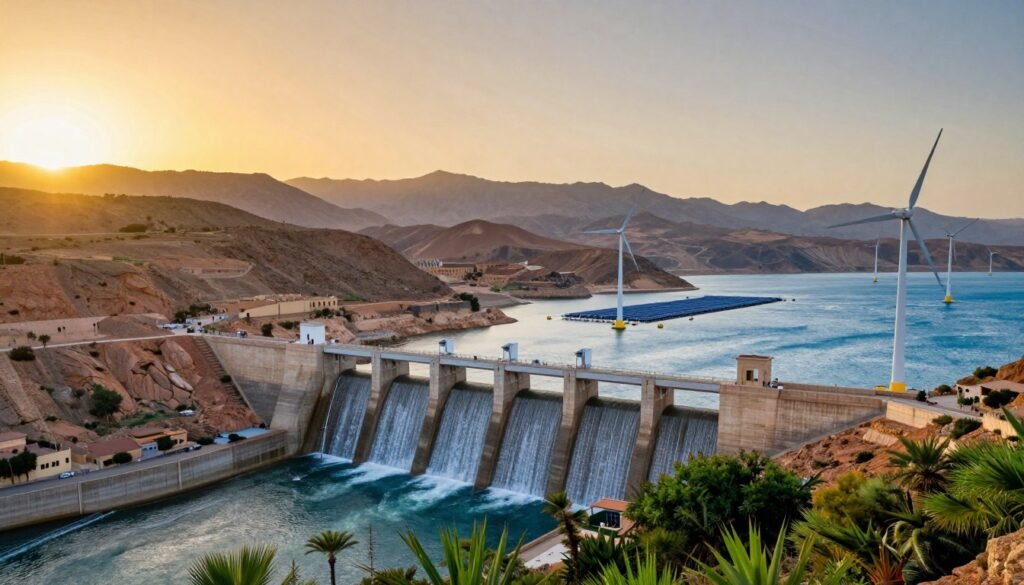 A breathtaking landscape depicting hydroelectricity and marine energy in Morocco. In the foreground, a modern hydroelectric dam with flowing water, surrounded by vibrant greenery. The middle ground features wind turbines and buoys representing marine energy, gently bobbing in the clear blue waters. The background showcases the beautiful Atlas Mountains under a golden sunset, illuminating the sky with warm hues. Opt for a wide-angle perspective to capture the expansive scene. The mood should be serene and hopeful, conveying the promise of renewable energy. Soft, natural lighting enhances the tranquility of the setting, inviting viewers to imagine a sustainable future. No people or text included. A breathtaking landscape depicting hydroelectricity and marine energy in Morocco. In the foreground, a modern hydroelectric dam with flowing water, surrounded by vibrant greenery. The middle ground features wind turbines and buoys representing marine energy, gently bobbing in the clear blue waters. The background showcases the beautiful Atlas Mountains under a golden sunset, illuminating the sky with warm hues. Opt for a wide-angle perspective to capture the expansive scene. The mood should be serene and hopeful, conveying the promise of renewable energy. Soft, natural lighting enhances the tranquility of the setting, inviting viewers to imagine a sustainable future. No people or text included.