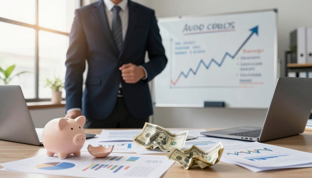 A business professional, dressed in formal attire, stands at a desk cluttered with financial documents and a laptop displaying graphs. In the foreground, various symbols of investment mistakes, like a broken piggy bank, crumpled dollar bills, and a falling stock chart, are artistically scattered. In the middle ground, a whiteboard showcases key investment concepts with cautionary notes, underlining common errors. The background features a casual office setting with a large window allowing natural light to fill the room, creating a bright and thoughtful atmosphere. The composition should convey a sense of caution and learning, with a focus on avoiding pitfalls in investment. Use soft, warm lighting to evoke a motivating and professional mood. A business professional, dressed in formal attire, stands at a desk cluttered with financial documents and a laptop displaying graphs. In the foreground, various symbols of investment mistakes, like a broken piggy bank, crumpled dollar bills, and a falling stock chart, are artistically scattered. In the middle ground, a whiteboard showcases key investment concepts with cautionary notes, underlining common errors. The background features a casual office setting with a large window allowing natural light to fill the room, creating a bright and thoughtful atmosphere. The composition should convey a sense of caution and learning, with a focus on avoiding pitfalls in investment. Use soft, warm lighting to evoke a motivating and professional mood.