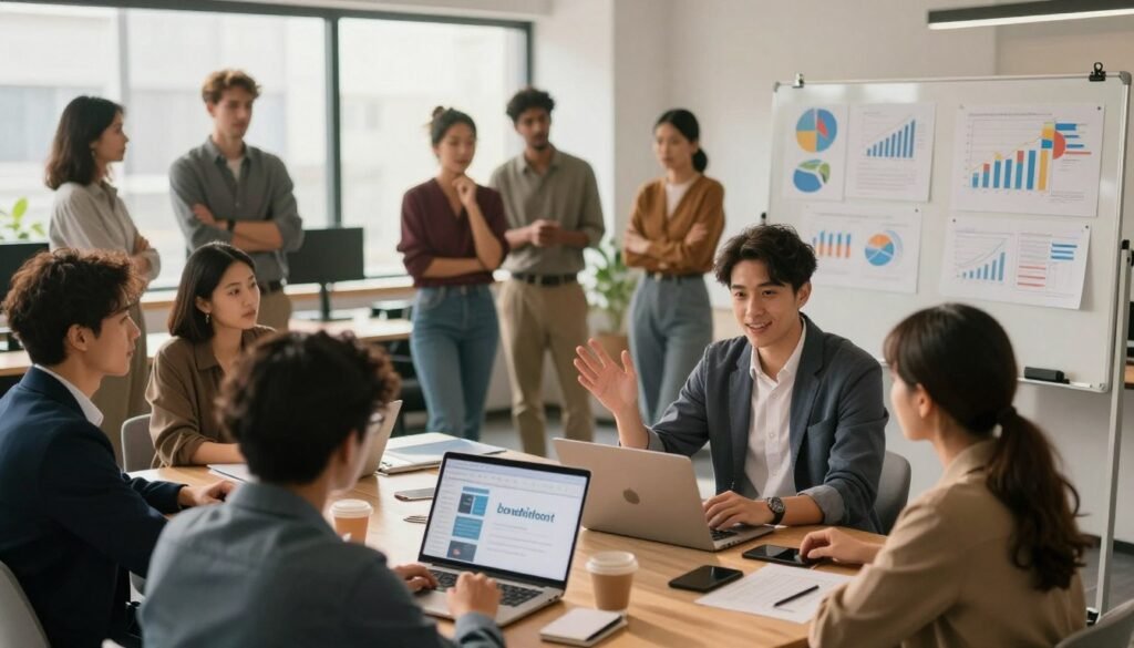 A bustling co-working space filled with diverse entrepreneurs engaged in a crowdfunding meeting. In the foreground, a young man in professional attire passionately presents a project on a laptop, surrounded by attentive colleagues. The middle ground features a diverse group of individuals brainstorming ideas, with charts and financial projections displayed on a whiteboard. The background shows a modern office environment with large windows letting in warm, natural light that creates an inviting atmosphere. Soft shadows enhance the focus on the participants, conveying a sense of collaboration and innovation. The overall mood is energetic and optimistic, highlighting the power of crowdfunding as a crucial leverage for entrepreneurs. A bustling co-working space filled with diverse entrepreneurs engaged in a crowdfunding meeting. In the foreground, a young man in professional attire passionately presents a project on a laptop, surrounded by attentive colleagues. The middle ground features a diverse group of individuals brainstorming ideas, with charts and financial projections displayed on a whiteboard. The background shows a modern office environment with large windows letting in warm, natural light that creates an inviting atmosphere. Soft shadows enhance the focus on the participants, conveying a sense of collaboration and innovation. The overall mood is energetic and optimistic, highlighting the power of crowdfunding as a crucial leverage for entrepreneurs.