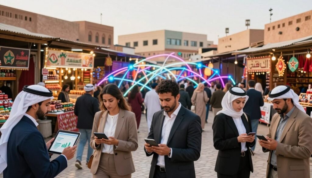 A bustling marketplace scene depicting growth opportunities for online commerce in Morocco. In the foreground, a diverse group of people in professional business attire interact with digital devices like tablets and smartphones, analyzing graphs and market trends. In the middle ground, various stalls showcase Moroccan products and services symbolizing e-commerce potential, connected by vibrant neon network lines representing digital connectivity. The background features a blend of traditional Moroccan architecture with modern buildings, symbolizing the fusion of tradition and innovation. Bright, warm lighting enhances the atmosphere, suggesting optimism and potential, while a wide-angle perspective captures the dynamic energy of the marketplace. The scene conveys a sense of progress, engagement, and the bright future of e-commerce in Morocco. A bustling marketplace scene depicting growth opportunities for online commerce in Morocco. In the foreground, a diverse group of people in professional business attire interact with digital devices like tablets and smartphones, analyzing graphs and market trends. In the middle ground, various stalls showcase Moroccan products and services symbolizing e-commerce potential, connected by vibrant neon network lines representing digital connectivity. The background features a blend of traditional Moroccan architecture with modern buildings, symbolizing the fusion of tradition and innovation. Bright, warm lighting enhances the atmosphere, suggesting optimism and potential, while a wide-angle perspective captures the dynamic energy of the marketplace. The scene conveys a sense of progress, engagement, and the bright future of e-commerce in Morocco.