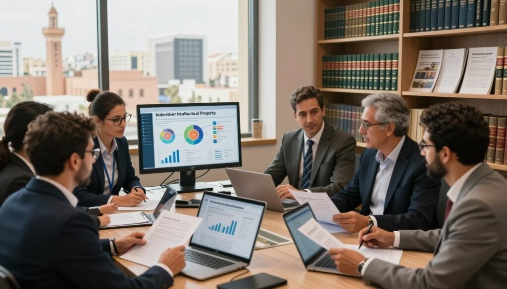 A bustling office environment showcasing industrial intellectual property in Morocco. In the foreground, a diverse group of professional individuals in business attire engaged in a lively discussion, reviewing documents and digital devices that display graphs and patent applications. In the middle ground, a large monitor features an infographic about recent trends in industrial property rights, while shelves filled with legal books and industry reports create a scholarly touch. The background highlights a window view of a modern Moroccan cityscape, with architectural features like minarets and contemporary buildings. Soft, warm lighting illuminates the scene, creating a productive and optimistic atmosphere. The composition should convey a sense of innovation and progress in the field of industrial property. A bustling office environment showcasing industrial intellectual property in Morocco. In the foreground, a diverse group of professional individuals in business attire engaged in a lively discussion, reviewing documents and digital devices that display graphs and patent applications. In the middle ground, a large monitor features an infographic about recent trends in industrial property rights, while shelves filled with legal books and industry reports create a scholarly touch. The background highlights a window view of a modern Moroccan cityscape, with architectural features like minarets and contemporary buildings. Soft, warm lighting illuminates the scene, creating a productive and optimistic atmosphere. The composition should convey a sense of innovation and progress in the field of industrial property.