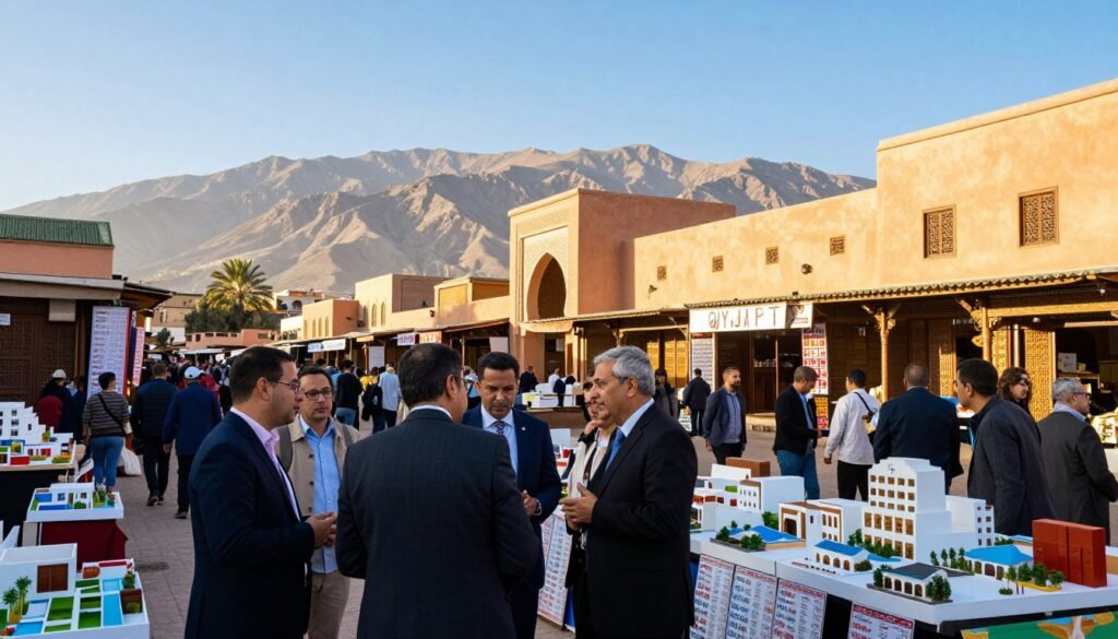 A bustling real estate market scene in Marrakech, depicting a vibrant marketplace with colorful stalls showcasing property listings and architectural models. In the foreground, a diverse group of professionals in business attire engage in discussions, analyzing market trends and price fluctuations. The middle ground features elegant Moroccan architecture, with traditional designs harmoniously blending with modern real estate offerings. In the background, the Atlas Mountains cast a soft silhouette under a bright blue sky, with warm, golden sunlight illuminating the scene, creating a hopeful atmosphere. The image should evoke a sense of opportunity and growth, with a wide-angle perspective that captures the dynamic essence of Marrakech's real estate landscape. A bustling real estate market scene in Marrakech, depicting a vibrant marketplace with colorful stalls showcasing property listings and architectural models. In the foreground, a diverse group of professionals in business attire engage in discussions, analyzing market trends and price fluctuations. The middle ground features elegant Moroccan architecture, with traditional designs harmoniously blending with modern real estate offerings. In the background, the Atlas Mountains cast a soft silhouette under a bright blue sky, with warm, golden sunlight illuminating the scene, creating a hopeful atmosphere. The image should evoke a sense of opportunity and growth, with a wide-angle perspective that captures the dynamic essence of Marrakech's real estate landscape.