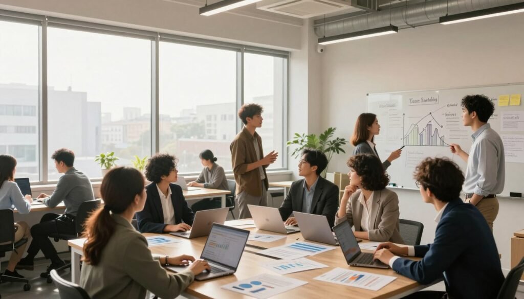 A bustling startup office environment representing the challenges and growth opportunities for entrepreneurs. In the foreground, a diverse group of professionals in smart business attire are engaged in a brainstorming session around a large table filled with laptops, charts, and growth strategy documents. In the middle, large windows flood the space with warm, natural light, highlighting a vibrant atmosphere. The background features a whiteboard filled with diagrams and notes illustrating key growth challenges. The mood is dynamic and optimistic, reflecting innovation and collaboration as team members exchange ideas. Use a wide-angle perspective to capture the expansive feel of the workspace, emphasizing teamwork and strategic planning in a startup context. A bustling startup office environment representing the challenges and growth opportunities for entrepreneurs. In the foreground, a diverse group of professionals in smart business attire are engaged in a brainstorming session around a large table filled with laptops, charts, and growth strategy documents. In the middle, large windows flood the space with warm, natural light, highlighting a vibrant atmosphere. The background features a whiteboard filled with diagrams and notes illustrating key growth challenges. The mood is dynamic and optimistic, reflecting innovation and collaboration as team members exchange ideas. Use a wide-angle perspective to capture the expansive feel of the workspace, emphasizing teamwork and strategic planning in a startup context.