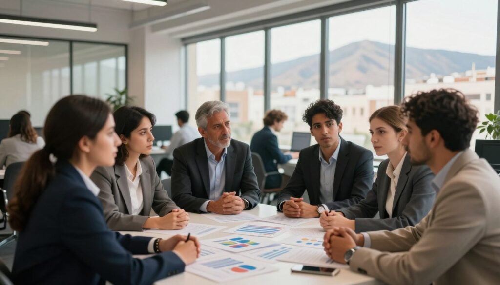 A bustling startup scene in Morocco, showcasing the challenges of fundraising. In the foreground, a diverse group of individuals in professional attire, engaged in a serious discussion around a table filled with charts and fundraising documents. The middle ground features a modern office space with large windows allowing natural light to flood in, hinting at the urban landscape outside. The background shows a mountain range, symbolizing the rise above obstacles. The atmosphere is tense but hopeful, reflecting the struggles and ambitions of startups. Soft, diffused lighting creates a professional ambiance, while a slight depth of field enhances the focus on the group’s determination and collaboration. A bustling startup scene in Morocco, showcasing the challenges of fundraising. In the foreground, a diverse group of individuals in professional attire, engaged in a serious discussion around a table filled with charts and fundraising documents. The middle ground features a modern office space with large windows allowing natural light to flood in, hinting at the urban landscape outside. The background shows a mountain range, symbolizing the rise above obstacles. The atmosphere is tense but hopeful, reflecting the struggles and ambitions of startups. Soft, diffused lighting creates a professional ambiance, while a slight depth of field enhances the focus on the group’s determination and collaboration.
