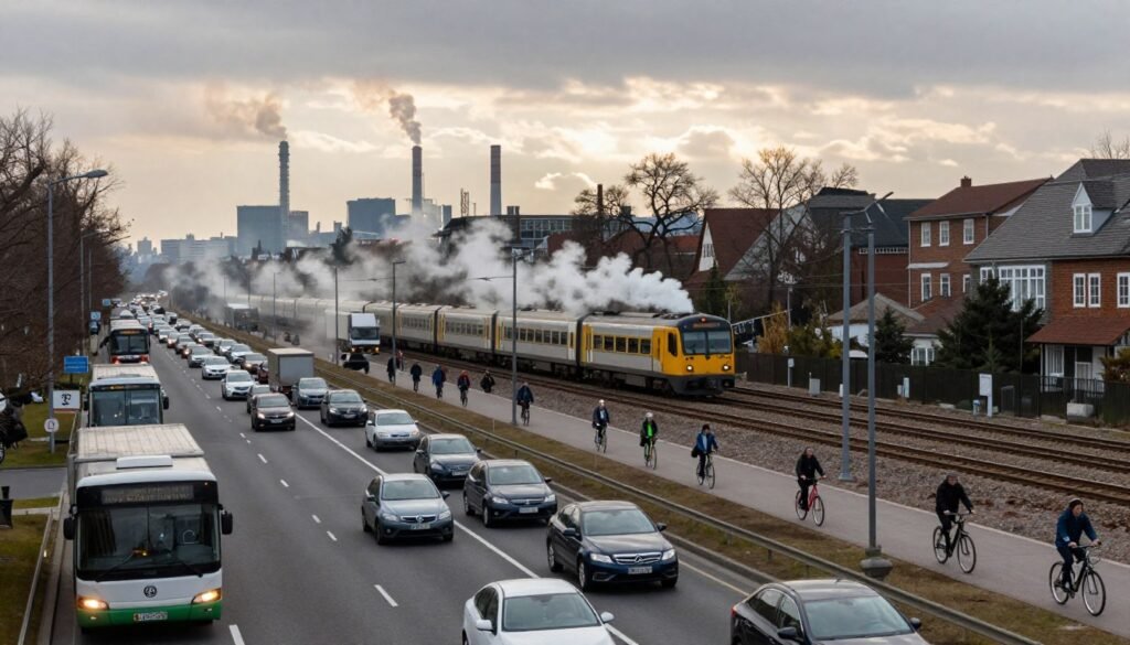 A bustling urban landscape depicting various modes of transport, showcasing their contribution to greenhouse gas emissions. In the foreground, a busy road filled with cars, buses, and trucks emitting faint trails of exhaust. In the middle, a railway line with a train passing, releasing steam. On the other side, cyclists and pedestrians using eco-friendly transport options, emphasizing sustainable choices. The background features a skyline with factories releasing smoke, overcast skies conveying a muted atmosphere, and a hint of sunlight breaking through clouds, symbolizing hope for change. The image is captured with a wide-angle lens to provide depth, highlighting the contrast between polluting and sustainable modes of transportation. The overall mood reflects urgency for action against climate change. A bustling urban landscape depicting various modes of transport, showcasing their contribution to greenhouse gas emissions. In the foreground, a busy road filled with cars, buses, and trucks emitting faint trails of exhaust. In the middle, a railway line with a train passing, releasing steam. On the other side, cyclists and pedestrians using eco-friendly transport options, emphasizing sustainable choices. The background features a skyline with factories releasing smoke, overcast skies conveying a muted atmosphere, and a hint of sunlight breaking through clouds, symbolizing hope for change. The image is captured with a wide-angle lens to provide depth, highlighting the contrast between polluting and sustainable modes of transportation. The overall mood reflects urgency for action against climate change.