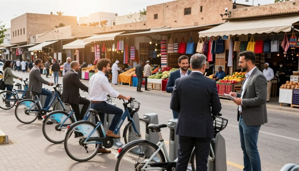 A bustling urban scene depicting "mobility services and local activities" in Morocco. In the foreground, a diverse group of professionals in business attire engage in discussions beside a modern bike-sharing station, showing various bicycles ready for use. In the middle ground, a vibrant marketplace brimming with colorful stalls selling local crafts and fresh produce. Friendly vendors interact with customers, showcasing the community spirit. The background features a traditional Moroccan architecture, with sunny skies casting soft, warm light over the city. Capture a sense of productivity and cooperation, with a slight lens flare to enhance the bright and cheerful atmosphere. The angle should be slightly elevated to include both the street and market scene clearly, emphasizing the value of local mobility services. A bustling urban scene depicting "mobility services and local activities" in Morocco. In the foreground, a diverse group of professionals in business attire engage in discussions beside a modern bike-sharing station, showing various bicycles ready for use. In the middle ground, a vibrant marketplace brimming with colorful stalls selling local crafts and fresh produce. Friendly vendors interact with customers, showcasing the community spirit. The background features a traditional Moroccan architecture, with sunny skies casting soft, warm light over the city. Capture a sense of productivity and cooperation, with a slight lens flare to enhance the bright and cheerful atmosphere. The angle should be slightly elevated to include both the street and market scene clearly, emphasizing the value of local mobility services.