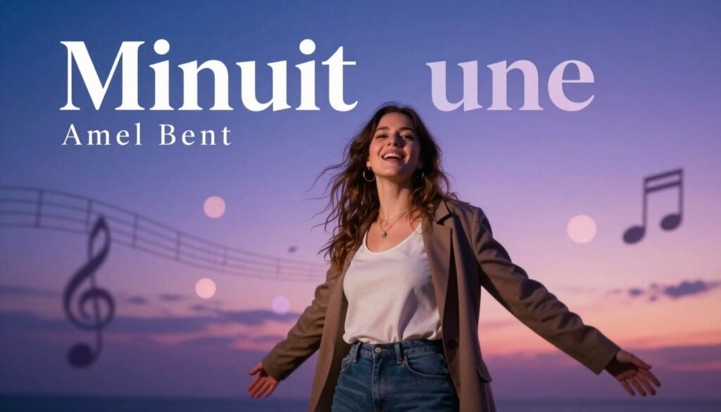 A captivating album cover design for "Minuit une," showcasing Amel Bent in a dynamic pose, dressed in stylish yet modest casual attire, illuminated by a soft, ethereal glow. In the foreground, she stands confidently with an expressive and passionate gaze, radiating joy and inspiration. The middle ground features elegant musical elements like notes and instruments subtly integrated into an abstract, dream-like landscape, hinting at a new musical horizon. In the background, a twilight sky transitions from deep blue to warm purples and soft pinks, symbolizing hope and creativity. The overall atmosphere is vibrant and uplifting, with gentle bokeh effects creating a magical ambiance. The image is framed with a cinematic angle, emphasizing the connection between the artist and her music. A captivating album cover design for "Minuit une," showcasing Amel Bent in a dynamic pose, dressed in stylish yet modest casual attire, illuminated by a soft, ethereal glow. In the foreground, she stands confidently with an expressive and passionate gaze, radiating joy and inspiration. The middle ground features elegant musical elements like notes and instruments subtly integrated into an abstract, dream-like landscape, hinting at a new musical horizon. In the background, a twilight sky transitions from deep blue to warm purples and soft pinks, symbolizing hope and creativity. The overall atmosphere is vibrant and uplifting, with gentle bokeh effects creating a magical ambiance. The image is framed with a cinematic angle, emphasizing the connection between the artist and her music.