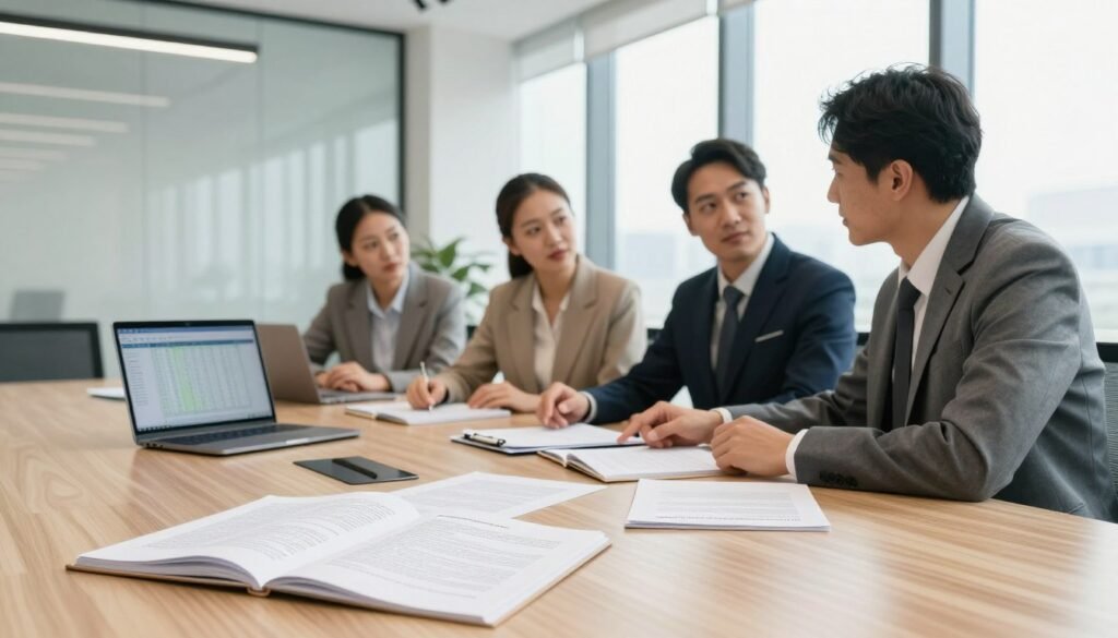 A clean, modern office environment with a large conference table in the foreground, featuring several opened legal documents and a laptop displaying a spreadsheet. In the middle ground, a diverse group of three professionals in business attire are engaged in a discussion, pointing at relevant clauses in the documents. The background showcases a well-lit room with large windows allowing natural light to flood in, enhancing a sense of clarity and focus. The mood is industrious and collaborative, reflecting the importance of specific terms and conditions in a business context. Soft, diffused lighting casts a warm tone throughout the scene, emphasizing professionalism and attention to detail. A clean, modern office environment with a large conference table in the foreground, featuring several opened legal documents and a laptop displaying a spreadsheet. In the middle ground, a diverse group of three professionals in business attire are engaged in a discussion, pointing at relevant clauses in the documents. The background showcases a well-lit room with large windows allowing natural light to flood in, enhancing a sense of clarity and focus. The mood is industrious and collaborative, reflecting the importance of specific terms and conditions in a business context. Soft, diffused lighting casts a warm tone throughout the scene, emphasizing professionalism and attention to detail.