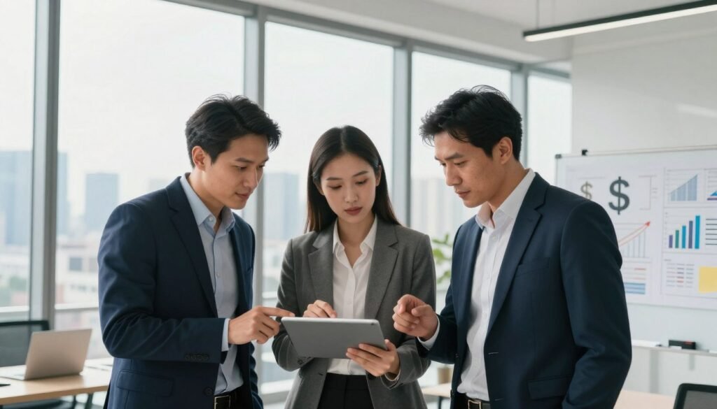 A clear and inspiring visual of financial goals, featuring a modern office environment. In the foreground, a diverse group of three professionals, two men and one woman, dressed in smart business attire, are intently discussing financial graphs on a digital tablet. The middle ground displays a large, elegant glass window with a city skyline view, symbolizing future possibilities and freedom. The background has subtle elements like a whiteboard with strategically marked financial goals, charts, and dollar signs, representing planning and clarity. The lighting is bright and professional, casting natural light across the scene, creating an uplifting, motivational atmosphere focused on achieving financial independence and clarity in goal-setting. The entire composition conveys confidence, purpose, and professionalism. A clear and inspiring visual of financial goals, featuring a modern office environment. In the foreground, a diverse group of three professionals, two men and one woman, dressed in smart business attire, are intently discussing financial graphs on a digital tablet. The middle ground displays a large, elegant glass window with a city skyline view, symbolizing future possibilities and freedom. The background has subtle elements like a whiteboard with strategically marked financial goals, charts, and dollar signs, representing planning and clarity. The lighting is bright and professional, casting natural light across the scene, creating an uplifting, motivational atmosphere focused on achieving financial independence and clarity in goal-setting. The entire composition conveys confidence, purpose, and professionalism.
