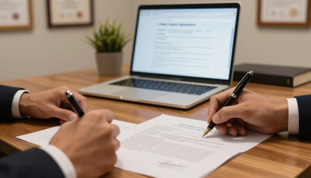 A close-up scene depicting a professional workspace focused on the drafting of company statutes and subscription bulletins. In the foreground, a pair of hands in a formal business attire is writing on crisp, white legal documents filled with text and signatures. Beside the documents, a stylish fountain pen rests on a polished wooden desk. In the middle ground, a laptop screen displays a clear, well-structured template of company statutes. The background features a neutral-colored wall adorned with framed certificates and a small potted plant for a touch of greenery. The lighting is warm and inviting, creating a focused and productive atmosphere. The angle is slightly overhead, highlighting both the documents and the items on the desk, presenting a clean and organized environment conducive to legal drafting. A close-up scene depicting a professional workspace focused on the drafting of company statutes and subscription bulletins. In the foreground, a pair of hands in a formal business attire is writing on crisp, white legal documents filled with text and signatures. Beside the documents, a stylish fountain pen rests on a polished wooden desk. In the middle ground, a laptop screen displays a clear, well-structured template of company statutes. The background features a neutral-colored wall adorned with framed certificates and a small potted plant for a touch of greenery. The lighting is warm and inviting, creating a focused and productive atmosphere. The angle is slightly overhead, highlighting both the documents and the items on the desk, presenting a clean and organized environment conducive to legal drafting.