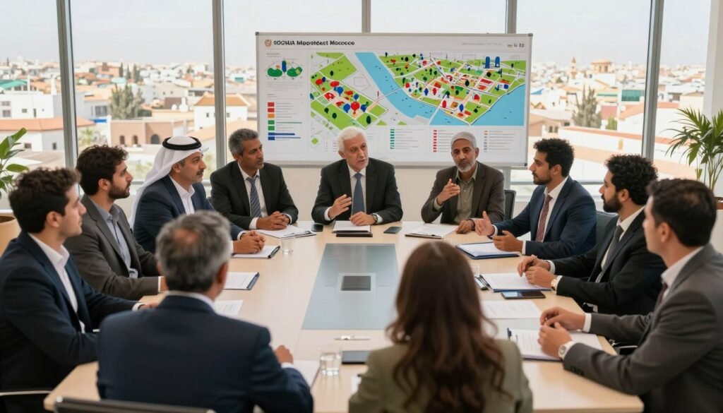 A collaborative meeting scene depicting diverse stakeholders engaged in discussions about social impact in Morocco. In the foreground, a group of professionals in business attire represents various sectors such as government, NGOs, and local communities, animatedly talking and exchanging ideas around a large conference table. In the middle ground, visual elements like charts and maps illustrate social projects and environments, highlighting their impact on society. The background features a large window with a panoramic view of a Moroccan cityscape to symbolize the local context. The lighting is bright and warm, creating an inviting atmosphere of cooperation and engagement. The camera angle is slightly elevated to capture the dynamics of the conversation and the enthusiasm of the participants. The overall mood is one of collaboration, hope, and a focus on community development. A collaborative meeting scene depicting diverse stakeholders engaged in discussions about social impact in Morocco. In the foreground, a group of professionals in business attire represents various sectors such as government, NGOs, and local communities, animatedly talking and exchanging ideas around a large conference table. In the middle ground, visual elements like charts and maps illustrate social projects and environments, highlighting their impact on society. The background features a large window with a panoramic view of a Moroccan cityscape to symbolize the local context. The lighting is bright and warm, creating an inviting atmosphere of cooperation and engagement. The camera angle is slightly elevated to capture the dynamics of the conversation and the enthusiasm of the participants. The overall mood is one of collaboration, hope, and a focus on community development.