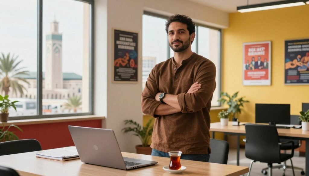 A confident Moroccan entrepreneur standing in a modern office space, surrounded by vibrant colors and natural light streaming through large windows. The foreground features a table with essential business tools: a laptop, notepad, and a cup of Moroccan tea, symbolizing the fusion of tradition and modernity. In the middle ground, motivational posters showcasing key entrepreneurship concepts are subtly displayed on the walls. The background reveals a bustling cityscape of Casablanca, with iconic architecture blending in harmony with palm trees. The scene conveys a sense of ambition and optimism, reflecting the entrepreneurial spirit in Morocco, captured with soft, warm lighting and a slight depth-of-field effect, giving it a professional yet inviting atmosphere. A confident Moroccan entrepreneur standing in a modern office space, surrounded by vibrant colors and natural light streaming through large windows. The foreground features a table with essential business tools: a laptop, notepad, and a cup of Moroccan tea, symbolizing the fusion of tradition and modernity. In the middle ground, motivational posters showcasing key entrepreneurship concepts are subtly displayed on the walls. The background reveals a bustling cityscape of Casablanca, with iconic architecture blending in harmony with palm trees. The scene conveys a sense of ambition and optimism, reflecting the entrepreneurial spirit in Morocco, captured with soft, warm lighting and a slight depth-of-field effect, giving it a professional yet inviting atmosphere.