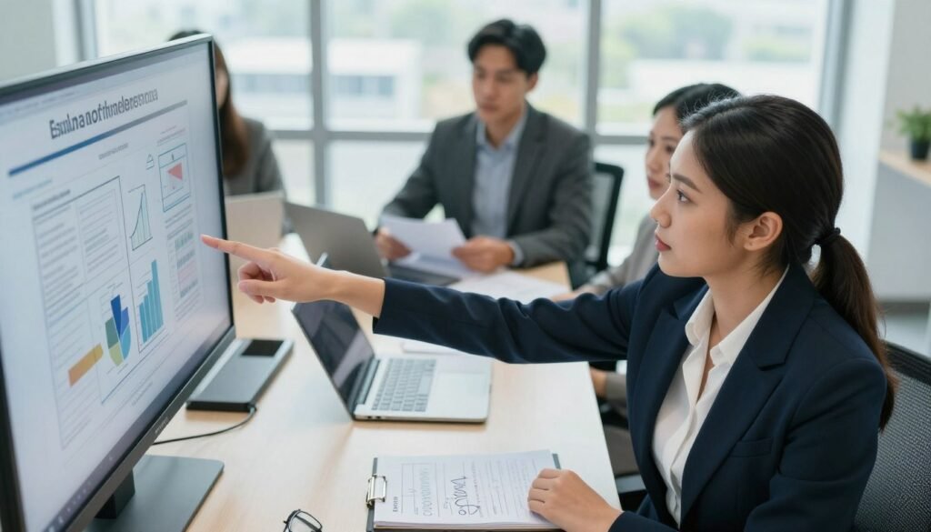A corporate office setting featuring a diverse group of professionals engaged in a discussion about legal compliance and obligations for businesses. In the foreground, a focused woman in a business suit points at a chart on a digital screen, while a man in the background takes notes, surrounded by documents and legal files. The middle layer includes a modern conference table with laptops open, and a notepad with scribbled notes. The background features large windows letting in natural light, providing a bright atmosphere. The overall mood is serious yet collaborative, showcasing a commitment to corporate responsibility. The scene is captured with a slightly elevated angle, emphasizing the group dynamic and professional environment. A corporate office setting featuring a diverse group of professionals engaged in a discussion about legal compliance and obligations for businesses. In the foreground, a focused woman in a business suit points at a chart on a digital screen, while a man in the background takes notes, surrounded by documents and legal files. The middle layer includes a modern conference table with laptops open, and a notepad with scribbled notes. The background features large windows letting in natural light, providing a bright atmosphere. The overall mood is serious yet collaborative, showcasing a commitment to corporate responsibility. The scene is captured with a slightly elevated angle, emphasizing the group dynamic and professional environment.