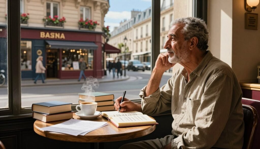 A cozy Parisian writing nook set in a sunlit café, featuring a wooden table strewn with books and papers. In the foreground, a distinguished Moroccan writer, dressed in modest casual clothing, sits thoughtfully at the table, pen in hand, gazing out the window at the vibrant street life. In the middle, a steaming cup of coffee and an open notebook filled with poetry are nearby. The background reveals classic Parisian architecture, with vintage shops and flowering window boxes, under a clear blue sky. Soft, golden light filters through the window, creating an inviting atmosphere that captures the essence of literary inspiration and evolution in the heart of Paris. A cozy Parisian writing nook set in a sunlit café, featuring a wooden table strewn with books and papers. In the foreground, a distinguished Moroccan writer, dressed in modest casual clothing, sits thoughtfully at the table, pen in hand, gazing out the window at the vibrant street life. In the middle, a steaming cup of coffee and an open notebook filled with poetry are nearby. The background reveals classic Parisian architecture, with vintage shops and flowering window boxes, under a clear blue sky. Soft, golden light filters through the window, creating an inviting atmosphere that captures the essence of literary inspiration and evolution in the heart of Paris.