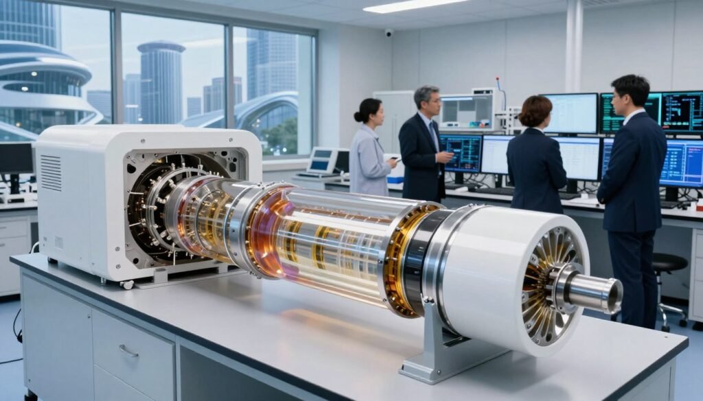 A cutting-edge laboratory scene showcasing an advanced liquid argon detector. In the foreground, a sleek and modern detector device is prominently displayed, with intricate details of its sensors and design. The middle ground features scientists in professional business attire, engaged in discussions and monitoring data on high-tech screens, demonstrating innovation and collaboration. In the background, large windows reveal a dynamic cityscape with futuristic buildings, under soft, diffused lighting to create an inspiring atmosphere. The overall mood is one of innovation and scientific exploration, emphasizing the commitment to pioneering projects in technology and research. The image is crisp and well-composed, ideally captured with a wide-angle lens to enhance the sense of space and activity within the laboratory. A cutting-edge laboratory scene showcasing an advanced liquid argon detector. In the foreground, a sleek and modern detector device is prominently displayed, with intricate details of its sensors and design. The middle ground features scientists in professional business attire, engaged in discussions and monitoring data on high-tech screens, demonstrating innovation and collaboration. In the background, large windows reveal a dynamic cityscape with futuristic buildings, under soft, diffused lighting to create an inspiring atmosphere. The overall mood is one of innovation and scientific exploration, emphasizing the commitment to pioneering projects in technology and research. The image is crisp and well-composed, ideally captured with a wide-angle lens to enhance the sense of space and activity within the laboratory.