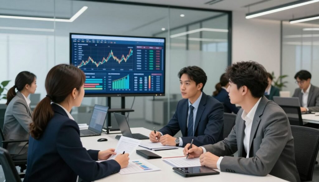 A dedicated team of professionals in a modern office setting working on anti-money laundering strategies. In the foreground, two people are engaged in a focused discussion, dressed in professional business attire, with documents and charts visible on the table. The middle ground features a large screen displaying analytical data and graphs related to financial transactions. In the background, a sleek modern office with glass walls showcases more team members collaborating around a conference table filled with digital devices. The lighting is bright and clear, creating an atmosphere of urgency and determination. The overall mood reflects a commitment to integrity and security in financial practices. A dedicated team of professionals in a modern office setting working on anti-money laundering strategies. In the foreground, two people are engaged in a focused discussion, dressed in professional business attire, with documents and charts visible on the table. The middle ground features a large screen displaying analytical data and graphs related to financial transactions. In the background, a sleek modern office with glass walls showcases more team members collaborating around a conference table filled with digital devices. The lighting is bright and clear, creating an atmosphere of urgency and determination. The overall mood reflects a commitment to integrity and security in financial practices.