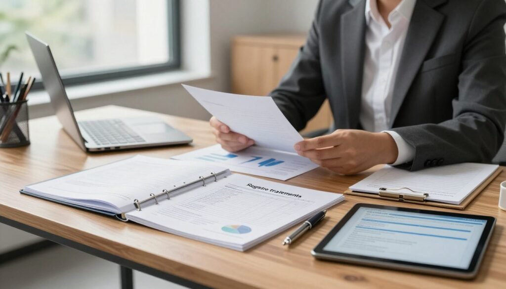 A detailed and organized office scene illustrating "registre traitements" as a central theme. In the foreground, a sleek wooden desk is adorned with a neatly open binder labeled “Data Treatments” and scattered documents showing graphs and checklists. A clear pen and a digital tablet displaying compliance software await use. In the middle, a focused professional in business attire studies the documents, surrounded by an air of concentration. In the background, a modern office space with large windows allows soft, natural light to illuminate the environment, creating a warm and inviting atmosphere. The overall mood is one of diligence and professionalism, reflecting the importance of proper documentation in ensuring GDPR compliance. A detailed and organized office scene illustrating "registre traitements" as a central theme. In the foreground, a sleek wooden desk is adorned with a neatly open binder labeled “Data Treatments” and scattered documents showing graphs and checklists. A clear pen and a digital tablet displaying compliance software await use. In the middle, a focused professional in business attire studies the documents, surrounded by an air of concentration. In the background, a modern office space with large windows allows soft, natural light to illuminate the environment, creating a warm and inviting atmosphere. The overall mood is one of diligence and professionalism, reflecting the importance of proper documentation in ensuring GDPR compliance.