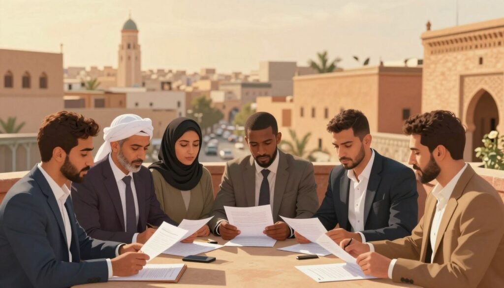 A detailed illustration depicting a diverse group of auto-entrepreneurs in Morocco, showcasing various professions that are restricted or excluded under self-employment regulations. In the foreground, portray individuals in professional attire engaged in discussions and reviewing documents, symbolizing the complexities of navigating business restrictions. In the middle ground, include a blurred cityscape of Moroccan architecture, featuring traditional elements like mosques and narrow streets. In the background, soft, warm lighting casts a golden hue over the scene, evoking a sense of hope and determination. The atmosphere should be focused and serious, reflecting the challenges faced by entrepreneurs within the legal landscape of Morocco. A detailed illustration depicting a diverse group of auto-entrepreneurs in Morocco, showcasing various professions that are restricted or excluded under self-employment regulations. In the foreground, portray individuals in professional attire engaged in discussions and reviewing documents, symbolizing the complexities of navigating business restrictions. In the middle ground, include a blurred cityscape of Moroccan architecture, featuring traditional elements like mosques and narrow streets. In the background, soft, warm lighting casts a golden hue over the scene, evoking a sense of hope and determination. The atmosphere should be focused and serious, reflecting the challenges faced by entrepreneurs within the legal landscape of Morocco.