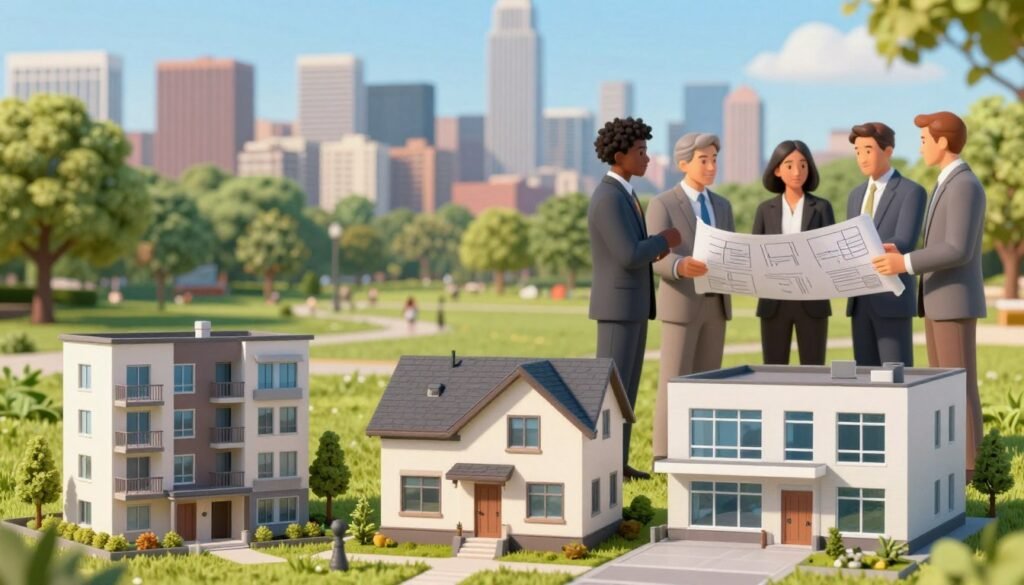 A detailed illustration depicting various types of real estate investments. In the foreground, feature three distinct property types: a modern apartment building symbolizing rental properties, a well-maintained single-family house representing home flipping, and a commercial office space showcasing commercial real estate. In the middle ground, include a verdant park and a small group of diverse, professionally dressed individuals discussing investment strategies, with blueprints and charts in hand. In the background, show a vibrant city skyline under a clear blue sky, emphasizing growth and opportunity. Use warm, natural lighting to create an inviting atmosphere, with a slight depth of field effect to focus on the foreground and keep the middle and background slightly blurred. A detailed illustration depicting various types of real estate investments. In the foreground, feature three distinct property types: a modern apartment building symbolizing rental properties, a well-maintained single-family house representing home flipping, and a commercial office space showcasing commercial real estate. In the middle ground, include a verdant park and a small group of diverse, professionally dressed individuals discussing investment strategies, with blueprints and charts in hand. In the background, show a vibrant city skyline under a clear blue sky, emphasizing growth and opportunity. Use warm, natural lighting to create an inviting atmosphere, with a slight depth of field effect to focus on the foreground and keep the middle and background slightly blurred.