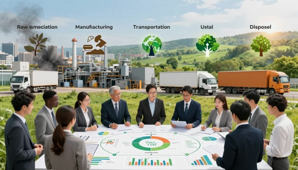 A detailed illustration of a product life cycle analysis, showcasing various stages: raw material extraction, manufacturing, transportation, usage, and disposal. In the foreground, a diverse group of professionals in business attire collaborates around a large, informational flowchart, engaging with charts and graphs that depict carbon emissions at each stage. In the middle ground, factory machinery and transportation methods (trucks, ships) are visually represented, emphasizing industrial impact. The background features a vibrant landscape transitioning from polluted urban areas to greener ecosystems, symbolizing sustainability efforts. Use soft, natural lighting to create a hopeful and proactive atmosphere, focusing on clarity and professionalism. The composition should be balanced with a wide-angle perspective, inviting viewers into the scene to promote environmental responsibility and awareness. A detailed illustration of a product life cycle analysis, showcasing various stages: raw material extraction, manufacturing, transportation, usage, and disposal. In the foreground, a diverse group of professionals in business attire collaborates around a large, informational flowchart, engaging with charts and graphs that depict carbon emissions at each stage. In the middle ground, factory machinery and transportation methods (trucks, ships) are visually represented, emphasizing industrial impact. The background features a vibrant landscape transitioning from polluted urban areas to greener ecosystems, symbolizing sustainability efforts. Use soft, natural lighting to create a hopeful and proactive atmosphere, focusing on clarity and professionalism. The composition should be balanced with a wide-angle perspective, inviting viewers into the scene to promote environmental responsibility and awareness.