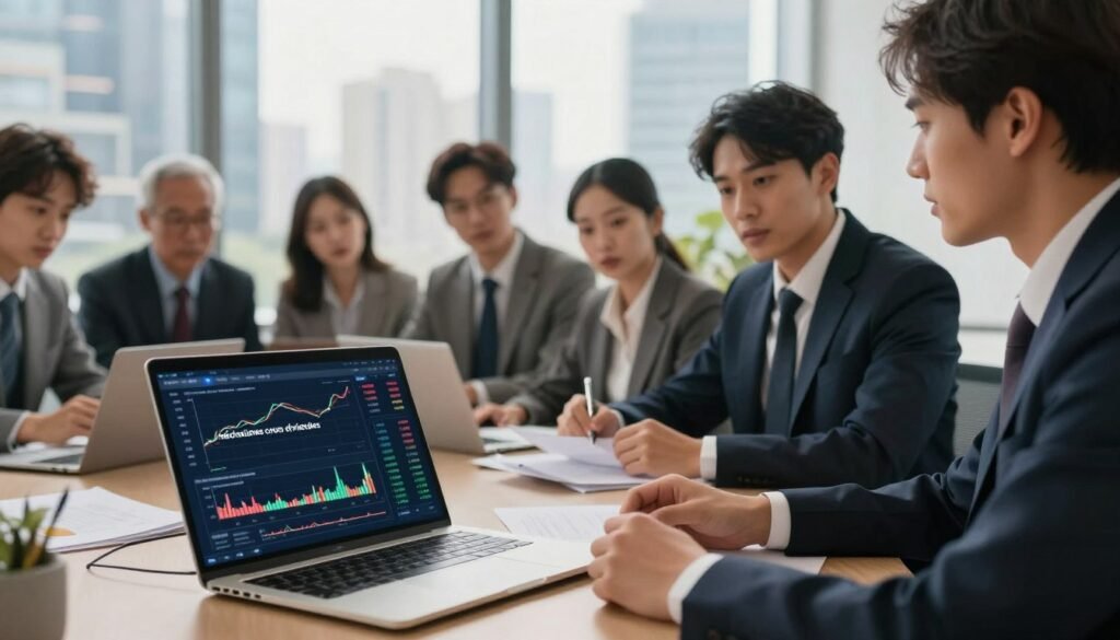 A detailed illustration representing "mécanismes cours dividendes" in the context of stock market investments. In the foreground, depict a sophisticated desk with a laptop displaying a financial dashboard featuring graphs and dividend yield charts. In the middle, show a diverse group of professionals in smart business attire discussing financial strategies, with expressions of focus and engagement. The background features a large window revealing a bustling cityscape, symbolizing the dynamic nature of the stock market. Use warm, natural lighting to create a sense of optimism and opportunity. Capture a slight depth of field to emphasize the subjects while ensuring the financial technology at the forefront remains clear and detailed. The overall mood should convey professionalism and aspiration in the world of investing. A detailed illustration representing "mécanismes cours dividendes" in the context of stock market investments. In the foreground, depict a sophisticated desk with a laptop displaying a financial dashboard featuring graphs and dividend yield charts. In the middle, show a diverse group of professionals in smart business attire discussing financial strategies, with expressions of focus and engagement. The background features a large window revealing a bustling cityscape, symbolizing the dynamic nature of the stock market. Use warm, natural lighting to create a sense of optimism and opportunity. Capture a slight depth of field to emphasize the subjects while ensuring the financial technology at the forefront remains clear and detailed. The overall mood should convey professionalism and aspiration in the world of investing.