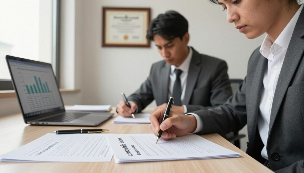 A detailed office scene depicting the theme of "inscription fiscale taxe professionnelle." In the foreground, a neatly arranged desk with official documents, a laptop displaying financial charts, and a stylish pen. The middle ground features a professional individual in business attire, focused on filling out a registration form, looking determined and engaged. A wall in the background showcases a certificate of registration framed gracefully. Soft, natural light filters in from a large window, casting a warm glow over the workspace, contributing to a productive and serious atmosphere. The overall mood conveys professionalism and importance, emphasizing the procedural nature of business registration in Morocco. A detailed office scene depicting the theme of "inscription fiscale taxe professionnelle." In the foreground, a neatly arranged desk with official documents, a laptop displaying financial charts, and a stylish pen. The middle ground features a professional individual in business attire, focused on filling out a registration form, looking determined and engaged. A wall in the background showcases a certificate of registration framed gracefully. Soft, natural light filters in from a large window, casting a warm glow over the workspace, contributing to a productive and serious atmosphere. The overall mood conveys professionalism and importance, emphasizing the procedural nature of business registration in Morocco.