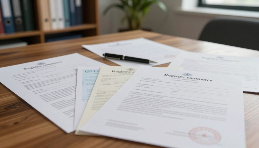 A detailed view of a collection of "registre commerce" documents spread out on a polished wooden desk. In the foreground, close-up shots of various official forms and registries showing elegant header designs and intricate watermarks, hinting at authenticity. In the middle, a pen positioned next to a blank document, symbolizing the act of signing up for business registration. In the background, a softly blurred office environment with shelves filled with business books and a plant, creating a professional atmosphere. Soft, natural light filtering through a window casts gentle shadows, enhancing the mood of professionalism and seriousness. The perspective is slightly elevated, to give a comprehensive view of the desk setup. A detailed view of a collection of "registre commerce" documents spread out on a polished wooden desk. In the foreground, close-up shots of various official forms and registries showing elegant header designs and intricate watermarks, hinting at authenticity. In the middle, a pen positioned next to a blank document, symbolizing the act of signing up for business registration. In the background, a softly blurred office environment with shelves filled with business books and a plant, creating a professional atmosphere. Soft, natural light filtering through a window casts gentle shadows, enhancing the mood of professionalism and seriousness. The perspective is slightly elevated, to give a comprehensive view of the desk setup.
