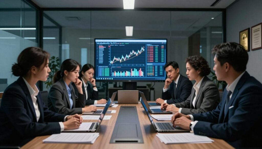 A dimly lit corporate office space, capturing the urgency of the atmosphere surrounding suspicious financial transactions and corruption. In the foreground, a group of diverse professionals in business attire gathered around a conference table cluttered with documents and high-tech devices, their expressions reflecting concern and debate. The middle ground features a large digital screen displaying graphs and data visualizations, hinting at irregularities in financial patterns. The background consists of sleek glass walls, partially obscured by shadows, adorned with framed accolades that symbolize credibility. Soft, dramatic lighting casts long shadows, enhancing the tense mood of the scene, while a low-angle perspective emphasizes the seriousness of the discussion. The overall atmosphere evokes a sense of urgency and professionalism, highlighting the critical nature of combating financial crime. A dimly lit corporate office space, capturing the urgency of the atmosphere surrounding suspicious financial transactions and corruption. In the foreground, a group of diverse professionals in business attire gathered around a conference table cluttered with documents and high-tech devices, their expressions reflecting concern and debate. The middle ground features a large digital screen displaying graphs and data visualizations, hinting at irregularities in financial patterns. The background consists of sleek glass walls, partially obscured by shadows, adorned with framed accolades that symbolize credibility. Soft, dramatic lighting casts long shadows, enhancing the tense mood of the scene, while a low-angle perspective emphasizes the seriousness of the discussion. The overall atmosphere evokes a sense of urgency and professionalism, highlighting the critical nature of combating financial crime.