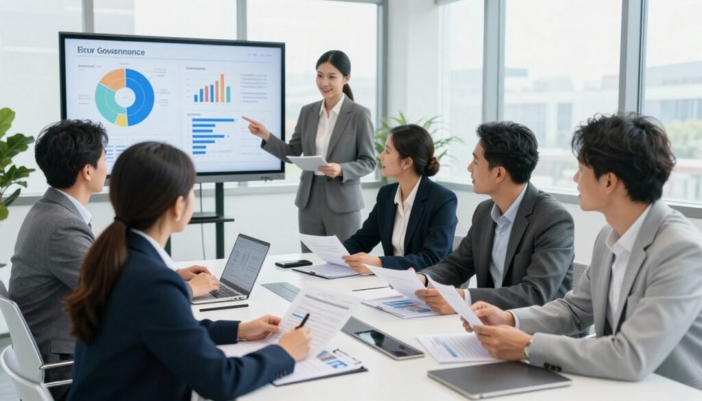 A diverse group of business professionals engaged in a collaborative discussion around a modern conference table, showcasing positive interaction and teamwork. The foreground features two women and two men in professional business attire, analyzing documents and charts, symbolizing stakeholder engagement in governance. The middle ground reveals an interactive digital board displaying key performance indicators and governance strategies, while the background shows a bright, airy office environment with large windows allowing natural light to flood in, adding a sense of openness. The atmosphere is energetic and focused, conveying the significance of stakeholder roles in corporate governance. The image is captured from a slightly elevated angle, emphasizing collaboration and strategic thinking. A diverse group of business professionals engaged in a collaborative discussion around a modern conference table, showcasing positive interaction and teamwork. The foreground features two women and two men in professional business attire, analyzing documents and charts, symbolizing stakeholder engagement in governance. The middle ground reveals an interactive digital board displaying key performance indicators and governance strategies, while the background shows a bright, airy office environment with large windows allowing natural light to flood in, adding a sense of openness. The atmosphere is energetic and focused, conveying the significance of stakeholder roles in corporate governance. The image is captured from a slightly elevated angle, emphasizing collaboration and strategic thinking.