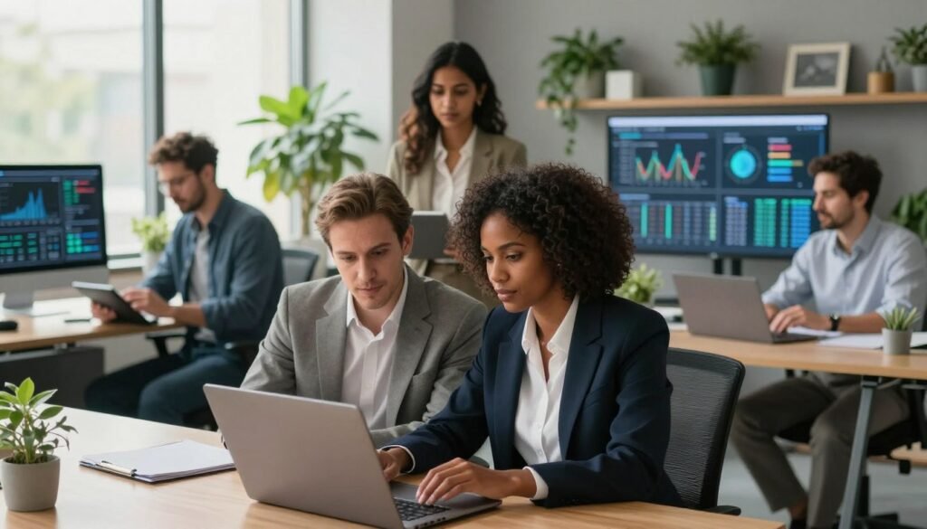 A diverse group of digital professionals in a modern office setting, engaged in collaborative work. In the foreground, focus on a Black woman and a Middle-Eastern man discussing over a laptop, both dressed in smart business attire. In the middle ground, a South Asian woman analyzes data on a large screen, while a Caucasian man types notes on a tablet. The background showcases sleek office design with plants and tech-inspired decor, illuminated by soft, natural daylight pouring in through large windows. The atmosphere conveys innovation and teamwork, highlighting the dynamic nature of digital careers in Morocco. The image captures a professional yet approachable vibe, with a slightly elevated perspective to enhance depth and focus on the teamwork aspects. A diverse group of digital professionals in a modern office setting, engaged in collaborative work. In the foreground, focus on a Black woman and a Middle-Eastern man discussing over a laptop, both dressed in smart business attire. In the middle ground, a South Asian woman analyzes data on a large screen, while a Caucasian man types notes on a tablet. The background showcases sleek office design with plants and tech-inspired decor, illuminated by soft, natural daylight pouring in through large windows. The atmosphere conveys innovation and teamwork, highlighting the dynamic nature of digital careers in Morocco. The image captures a professional yet approachable vibe, with a slightly elevated perspective to enhance depth and focus on the teamwork aspects.