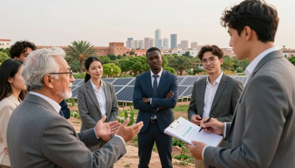 A diverse group of professionals in business attire engage in a collaborative discussion, representing intergenerational teamwork. In the foreground, an elderly person offers wisdom, while a young adult presents innovative ideas, symbolizing equity and social responsibility. In the middle ground, they are surrounded by an outdoor setting with sustainable elements like green trees and solar panels, emphasizing environmental consciousness. The background showcases a Moroccan landscape with a skyline hinting at modern development. Soft, natural lighting casts a warm glow, creating an optimistic and harmonious atmosphere. The angle captures a dynamic interaction among the group, suggesting a bridge between generations working towards sustainable solutions. The overall mood is hopeful and collaborative, reflecting a commitment to social equity and future sustainability. A diverse group of professionals in business attire engage in a collaborative discussion, representing intergenerational teamwork. In the foreground, an elderly person offers wisdom, while a young adult presents innovative ideas, symbolizing equity and social responsibility. In the middle ground, they are surrounded by an outdoor setting with sustainable elements like green trees and solar panels, emphasizing environmental consciousness. The background showcases a Moroccan landscape with a skyline hinting at modern development. Soft, natural lighting casts a warm glow, creating an optimistic and harmonious atmosphere. The angle captures a dynamic interaction among the group, suggesting a bridge between generations working towards sustainable solutions. The overall mood is hopeful and collaborative, reflecting a commitment to social equity and future sustainability.