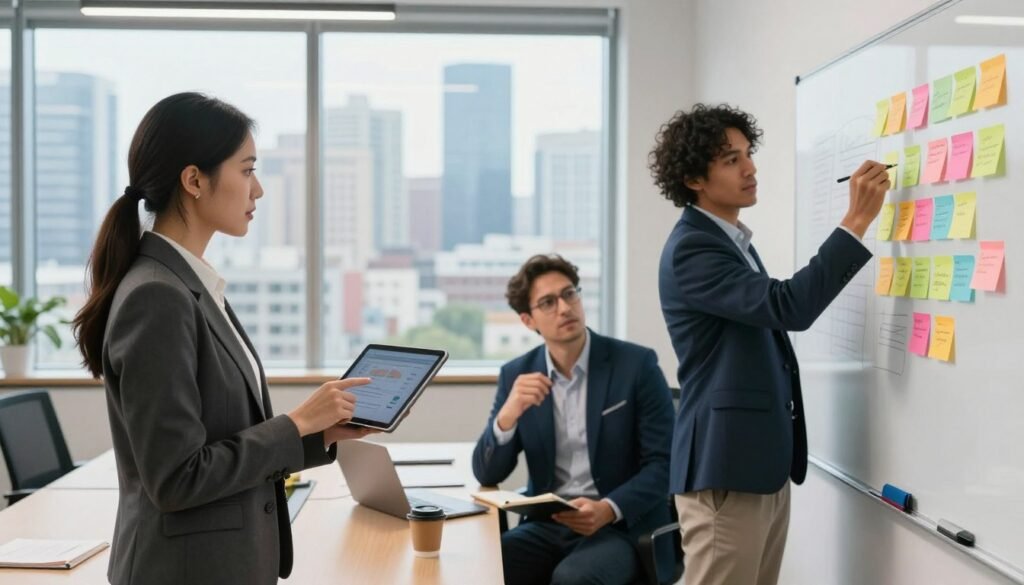 A diverse group of three professionals collaborating in a modern office environment, engaged in a brainstorming session. In the foreground, a confident woman in a smart blazer is pointing at a digital tablet, while a man in a tailored suit takes notes on a notepad. A third individual, casually dressed, adds ideas on a whiteboard filled with colorful sticky notes. The middle ground features a sleek conference table with a laptop and coffee cups. In the background, large windows showcase a vibrant city skyline, with soft natural light flooding the space. The atmosphere is dynamic and innovative, symbolizing teamwork and forward-thinking. Ideal for conveying collaboration and market anticipation in business. A diverse group of three professionals collaborating in a modern office environment, engaged in a brainstorming session. In the foreground, a confident woman in a smart blazer is pointing at a digital tablet, while a man in a tailored suit takes notes on a notepad. A third individual, casually dressed, adds ideas on a whiteboard filled with colorful sticky notes. The middle ground features a sleek conference table with a laptop and coffee cups. In the background, large windows showcase a vibrant city skyline, with soft natural light flooding the space. The atmosphere is dynamic and innovative, symbolizing teamwork and forward-thinking. Ideal for conveying collaboration and market anticipation in business.