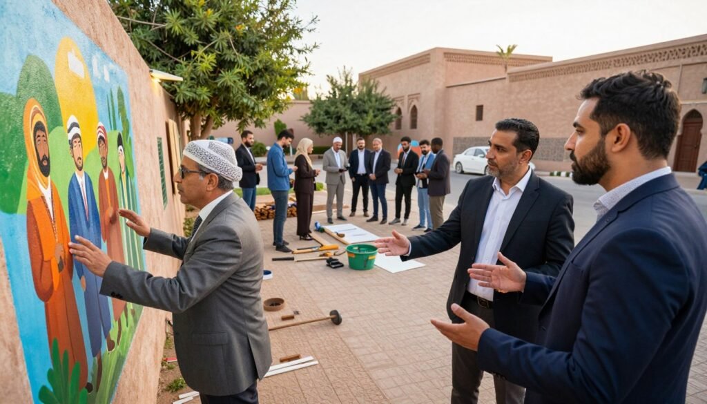 A dynamic and engaging scene depicting social engagement and responsibility in Morocco, featuring a diverse group of professionals in business attire discussing community projects. In the foreground, two individuals actively engage in conversation, gesturing towards a vibrant community mural representing cultural unity. The middle ground showcases a small gathering of people collaborating on an outdoor project, with tools and materials spread around, symbolizing teamwork and dedication. In the background, traditional Moroccan architecture is visible, accompanied by lush greenery and sunny skies that create an optimistic atmosphere. The lighting is soft, suggesting late afternoon with warm tones, captured from a slightly elevated angle to convey depth and activity within the scene. The overall mood is inspiring and hopeful, emphasizing the importance of social engagement and responsibility within the community. A dynamic and engaging scene depicting social engagement and responsibility in Morocco, featuring a diverse group of professionals in business attire discussing community projects. In the foreground, two individuals actively engage in conversation, gesturing towards a vibrant community mural representing cultural unity. The middle ground showcases a small gathering of people collaborating on an outdoor project, with tools and materials spread around, symbolizing teamwork and dedication. In the background, traditional Moroccan architecture is visible, accompanied by lush greenery and sunny skies that create an optimistic atmosphere. The lighting is soft, suggesting late afternoon with warm tones, captured from a slightly elevated angle to convey depth and activity within the scene. The overall mood is inspiring and hopeful, emphasizing the importance of social engagement and responsibility within the community.