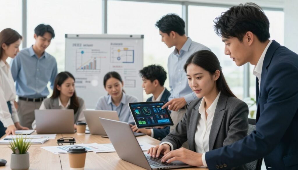 A dynamic and engaging workspace scene, showcasing a diverse group of professionals collaborating on key technical skills essential for career success. In the foreground, a focused woman in business attire is typing on a laptop, while a man beside her, also dressed professionally, points at a digital tablet displaying data analytics. In the middle ground, a whiteboard filled with diagrams and technical terms can be seen, surrounded by engaged team members discussing ideas. The background features a modern office setting with natural light flooding in through large windows, creating an energetic and inspiring atmosphere. The image should convey professionalism, innovation, and collaboration, highlighting the importance of honing essential hard skills in today's competitive workplace. A dynamic and engaging workspace scene, showcasing a diverse group of professionals collaborating on key technical skills essential for career success. In the foreground, a focused woman in business attire is typing on a laptop, while a man beside her, also dressed professionally, points at a digital tablet displaying data analytics. In the middle ground, a whiteboard filled with diagrams and technical terms can be seen, surrounded by engaged team members discussing ideas. The background features a modern office setting with natural light flooding in through large windows, creating an energetic and inspiring atmosphere. The image should convey professionalism, innovation, and collaboration, highlighting the importance of honing essential hard skills in today's competitive workplace.
